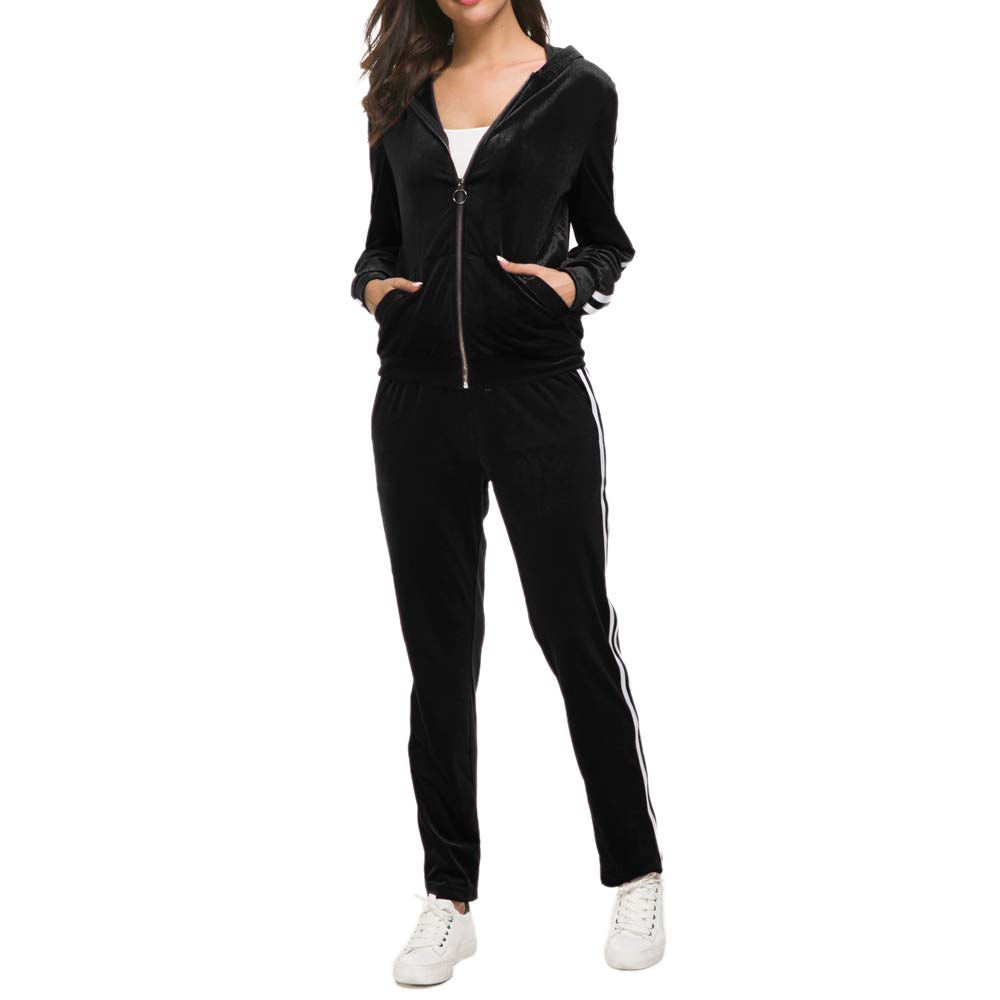 Fantasy Closet Women's 2-Piece Solid Velvet Tracksuit Set - Striped Full Zip Hoodie & Jogger Pants | Lounge Wear, Casual Outfit, Gym & Street Fashion