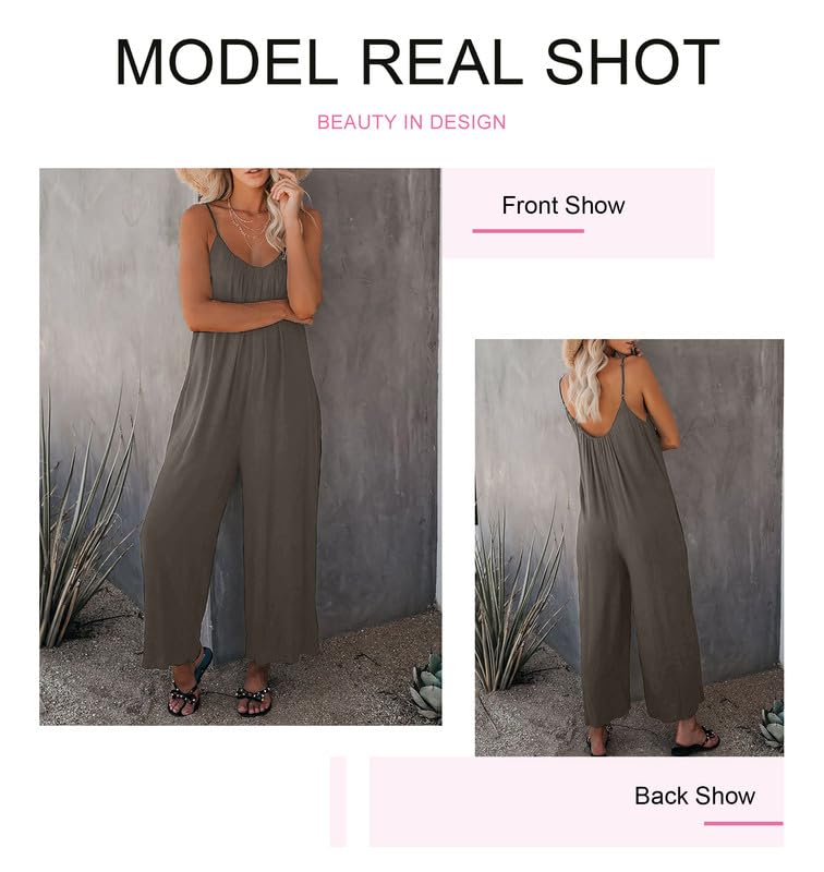 Dokotoo Women's Loose Sleeveless Jumpsuit with Adjustable Spaghetti Straps & Pockets - Stretchy Long Pant Romper for Summer, Beach, Travel & Casual Wear
