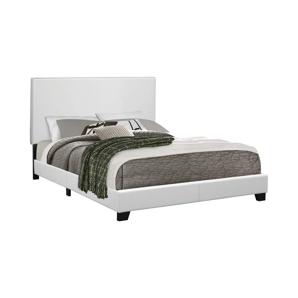 Benjara White Leatherette Queen Size Wooden Bed Frame with Low Profile Footboard - Modern Minimalist Bedroom Furniture for Small Spaces & Guest Rooms