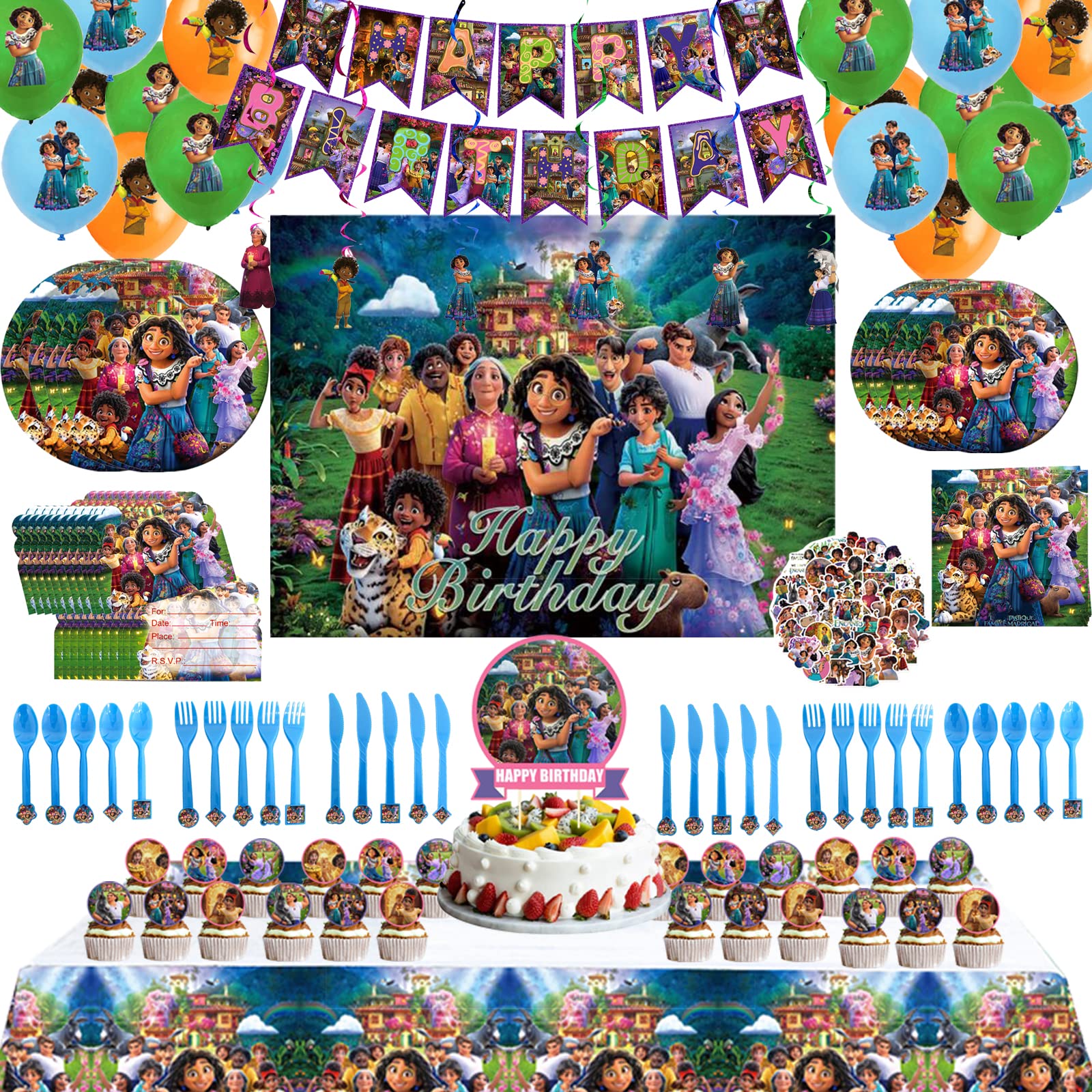 Encanto Movie Magic Birthday Party Supplies Set - Backdrop, Banner, Tablecloth, Balloons, Plates, Forks, Cake Toppers & Stickers for Boys & Girls Themed Celebration | Perfect for Disney Party Decorations & Kids Birthday Events
