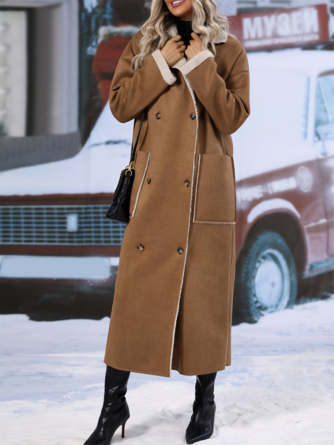 Plus Size Drop Shoulder Sherpa Longline Coat for Women - Warm Winter Oversized Fleece Jacket with Pockets | Cozy Outerwear for Casual Outings & Cold Weather