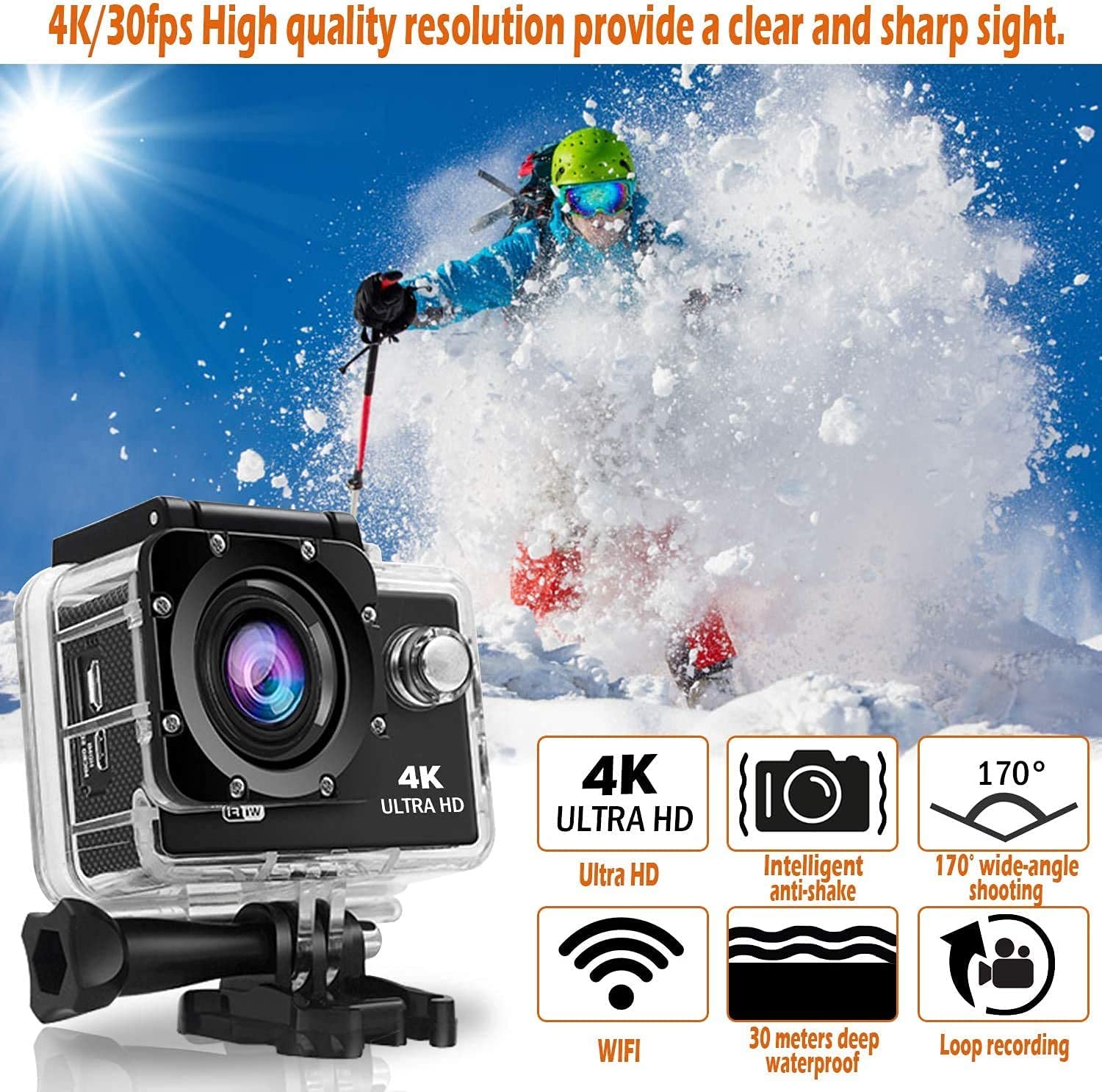 1080P Waterproof Sports Action Camera with Micro SD Card Slot, 12MP HD Wide Angle Lens - Perfect for Diving, Surfing, Skiing & Outdoor Adventures (Black)