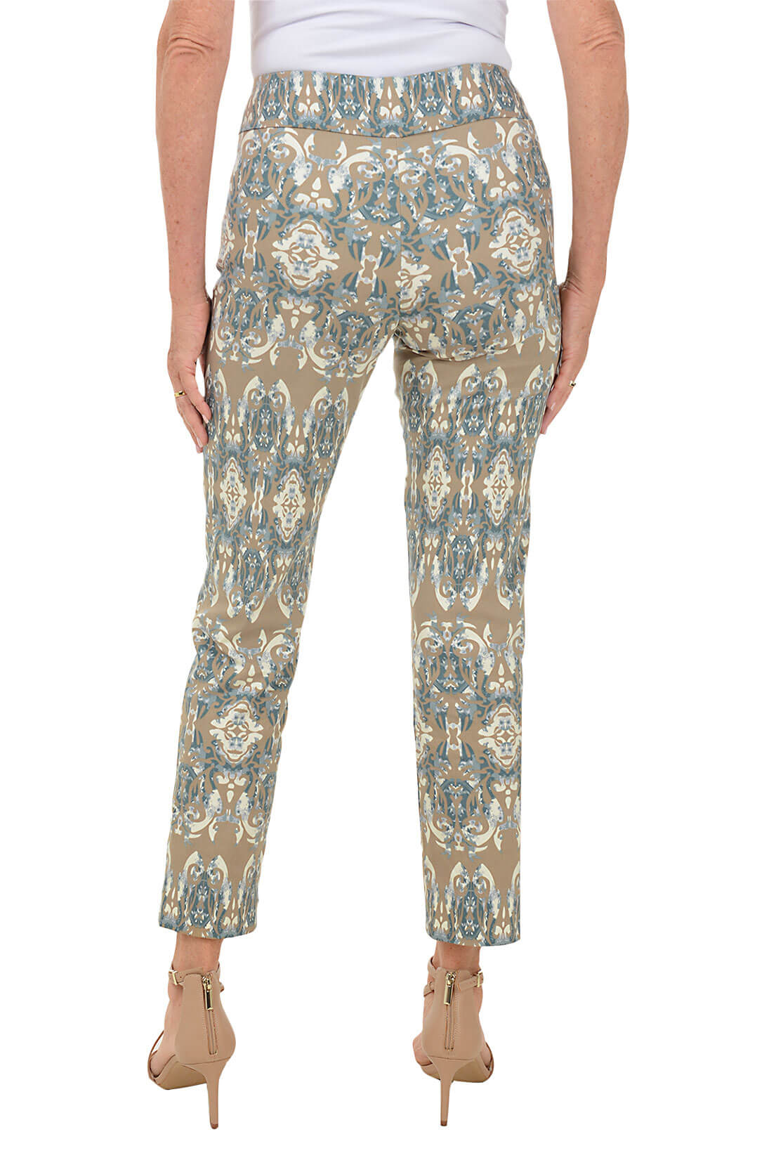 Elegant Damask Mosaic Print Pull-On Ankle Pants for Women - Comfortable Stretch Fabric, Casual & Office Wear, Perfect for Work, Travel and Everyday Outfits