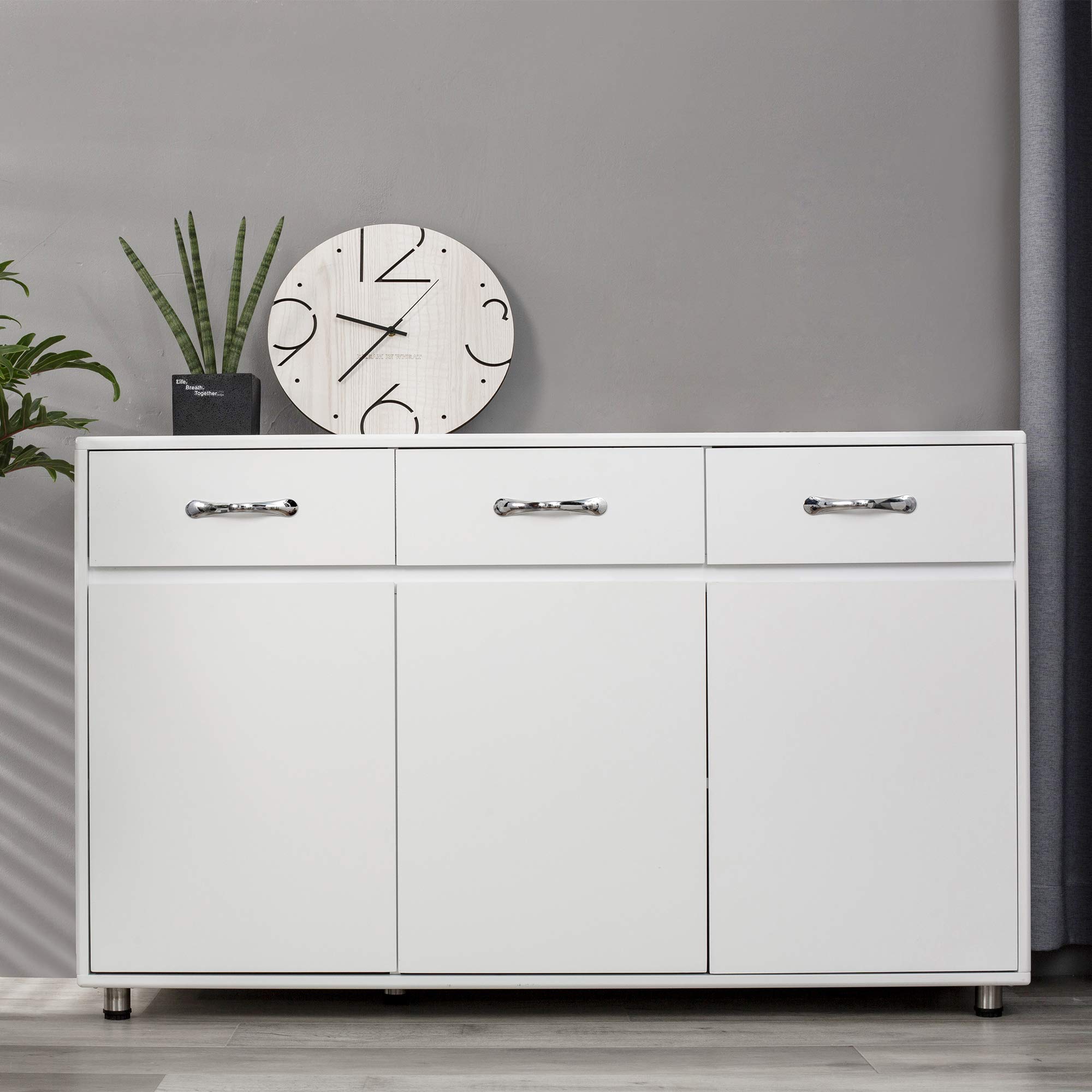 Homvent White Wooden Storage Cabinet - Buffet Sideboard with Drawers & Doors, Free Standing Kitchen Cabinet for Entryway, Living Room, Bedroom & Hallway | Perfect for Dining Room Storage, Home Organization & Display
