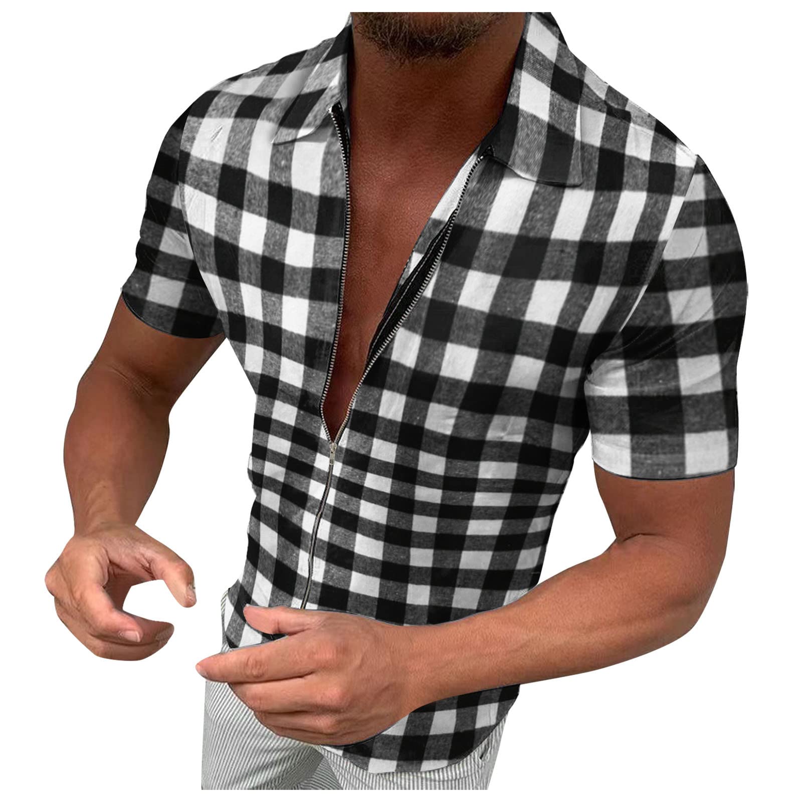 Men's Henley Short Sleeve Shirt Jacket - Plaid Zipper Lapel Casual Spring Summer Fashion - Perfect for Outdoor Activities, Date Nights & Weekend Wear