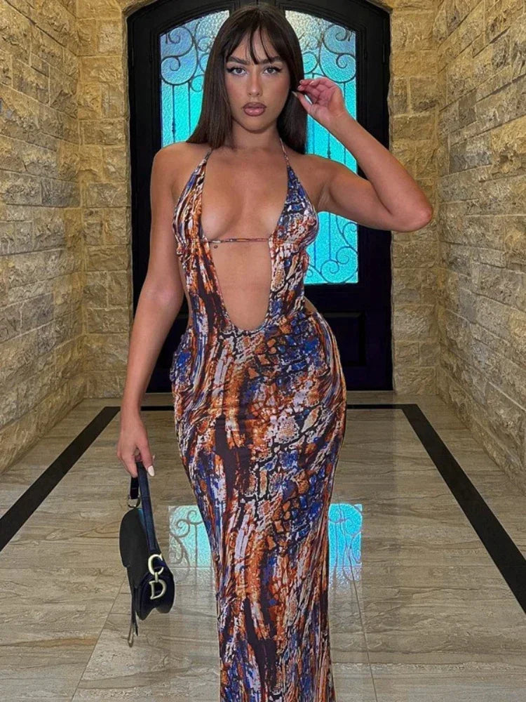 Sexy Abstract Print Open Back Halter Maxi Dress for Women - Deep V Neck Bodycon Long Dress for Nightclub, Party & Summer Outfits | C70BG23 | Perfect for Evening Events, Date Nights & Beach Vacations