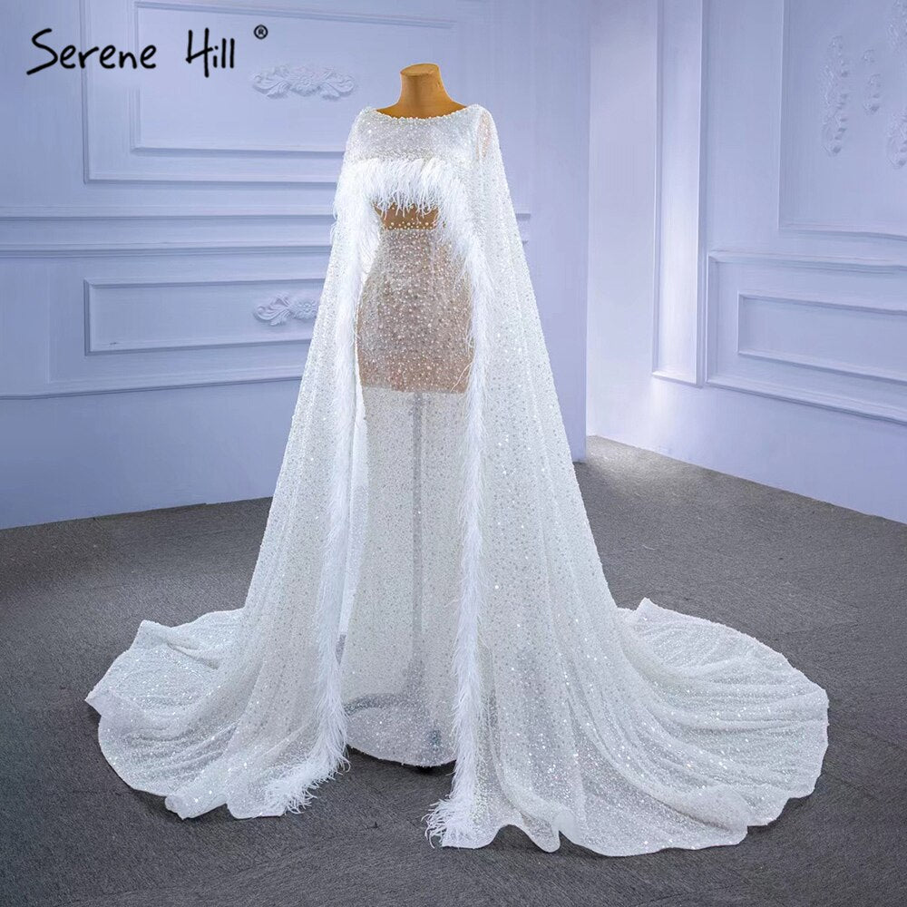 Luxury White Evening Dresses for Women 2025 - Beaded Feather Cape Sleeve Gowns for Prom, Gala & Formal Events | Serene Hill Collection HM67305