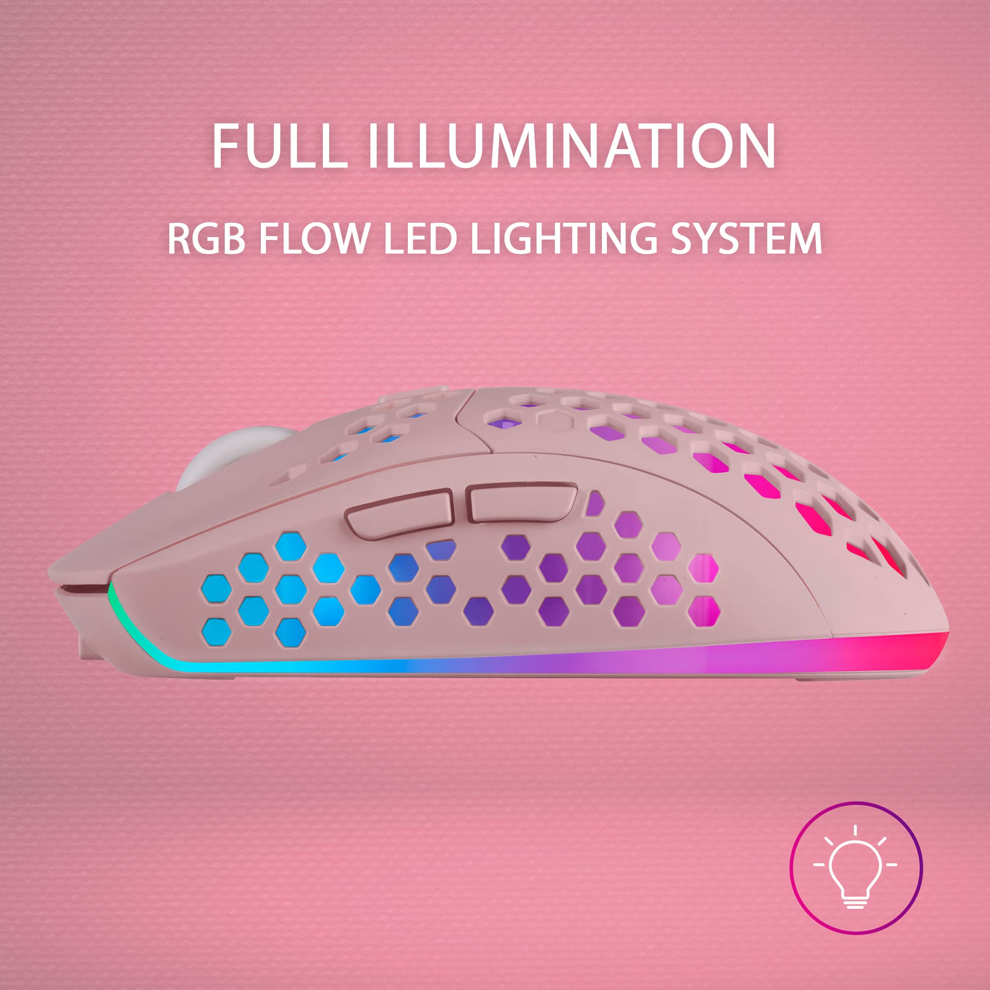 Mars Gaming MMW3P Wireless Gaming Mouse - RGB Flow, Ultra Lightweight 79g, 3200DPI, Pink - Perfect for Esports, FPS & MMO Gaming