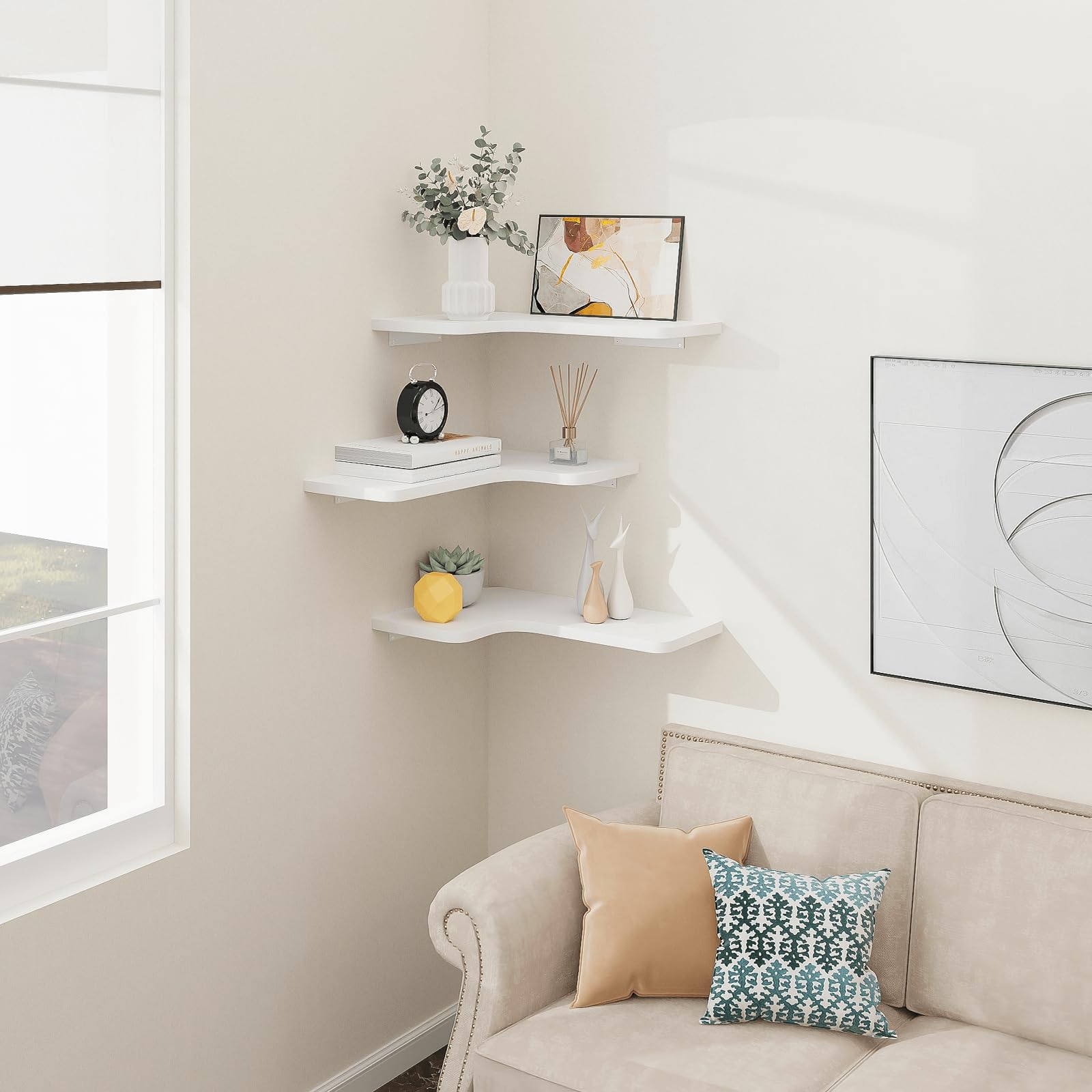 Homode 3-Pack Corner Floating Shelves - L-Shaped Wood Wall Shelves with Wire Hole for Bathroom, Kitchen, Bedroom - White - Perfect for Organizing Toiletries, Spices & Decor Items