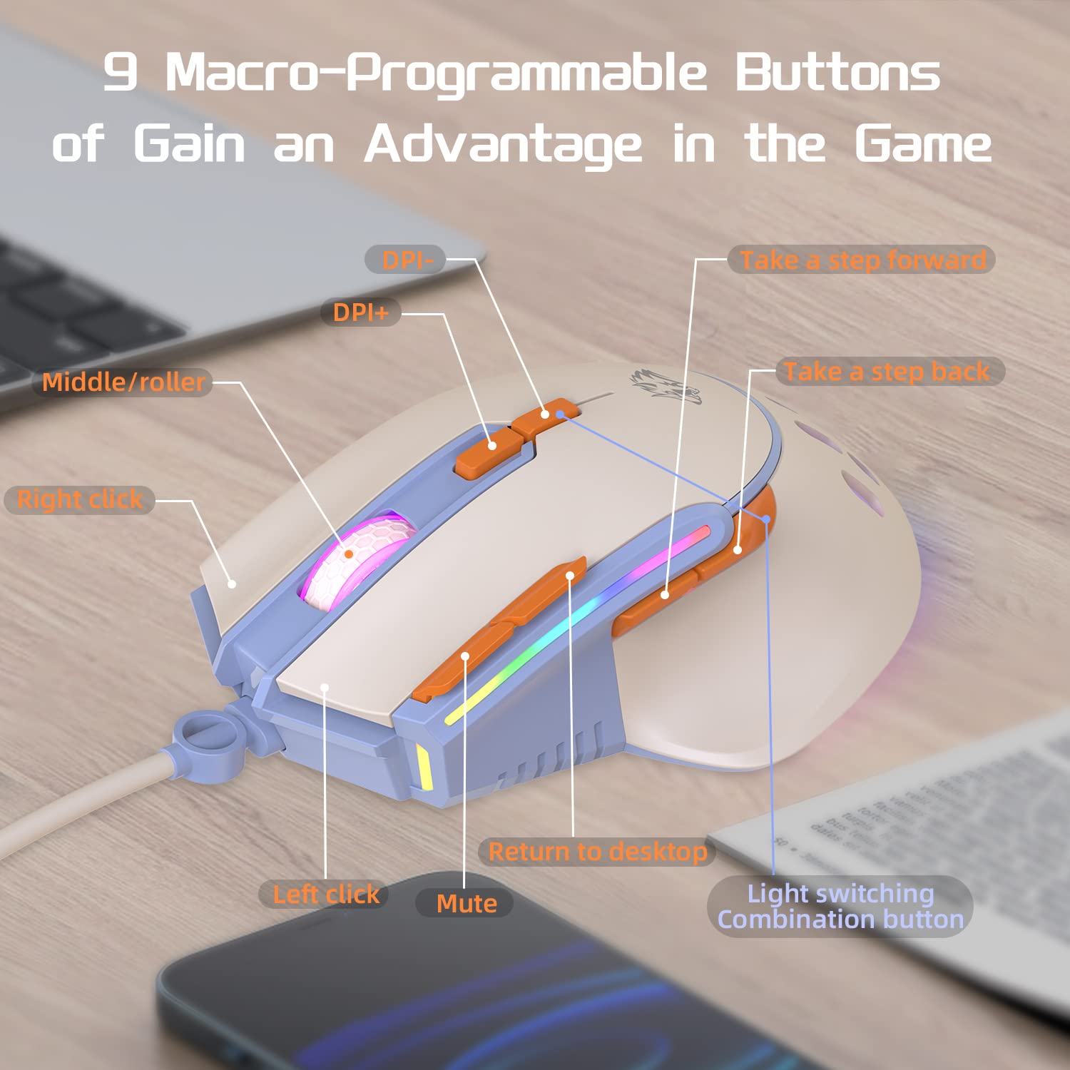 MAGIC-REFINER M2 Wired Gaming Mouse - 6 RGB Backlight Modes, 12800DPI Adjustable, High Precision, Macro Programmable, Ergonomic Right-Hand Design, Plug & Play USB for PC, Laptop, Mac (Blueberry) - Perfect for FPS, MOBA Games and Office Work