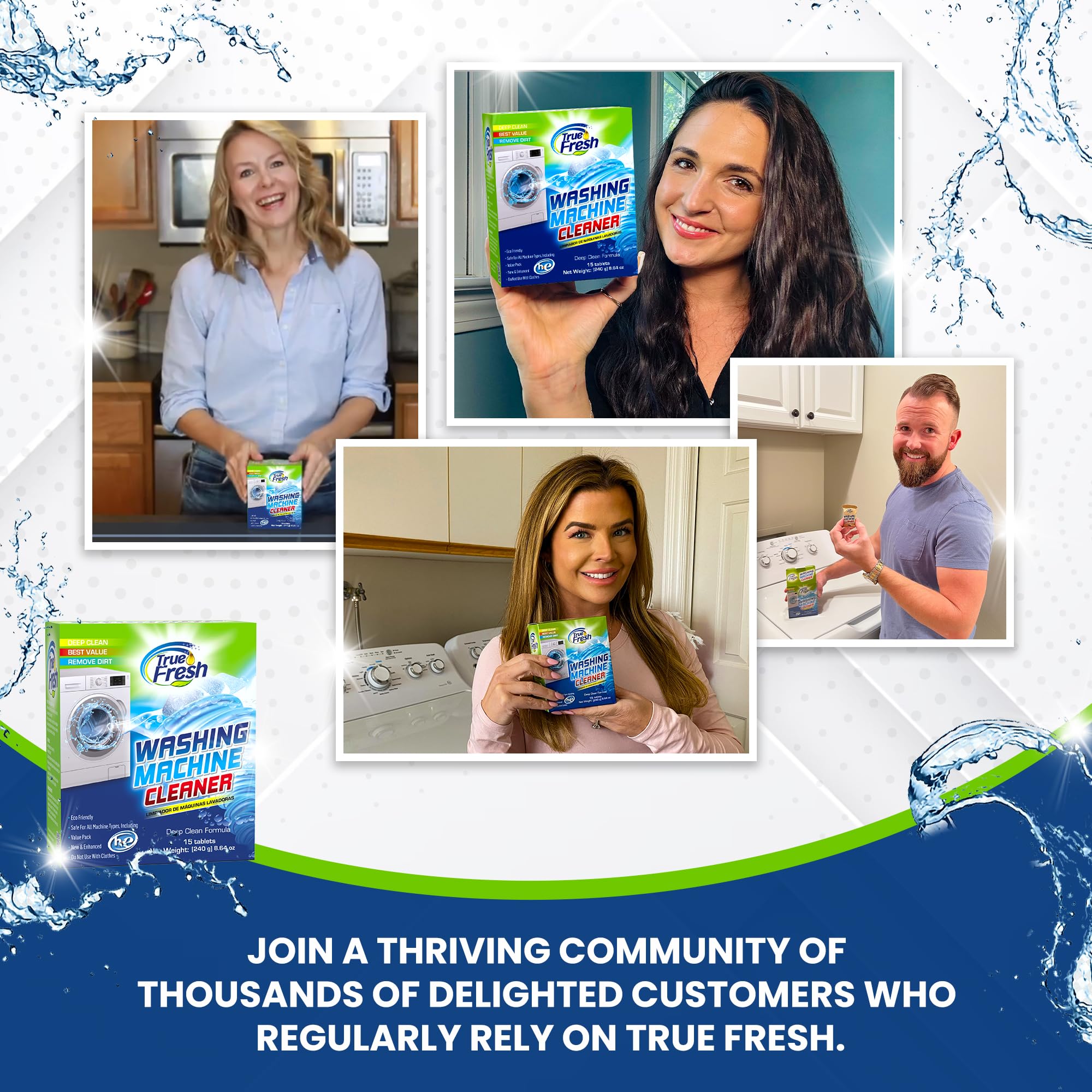True Fresh Washing Machine Cleaner Tablets - 15 Pack Deep Cleaning Descaler for HE Front Load & Top Load Washers | Removes Mold, Odor & Residue | Safe for All Washing Machines | Perfect for Monthly Maintenance & Laundry Day Prep