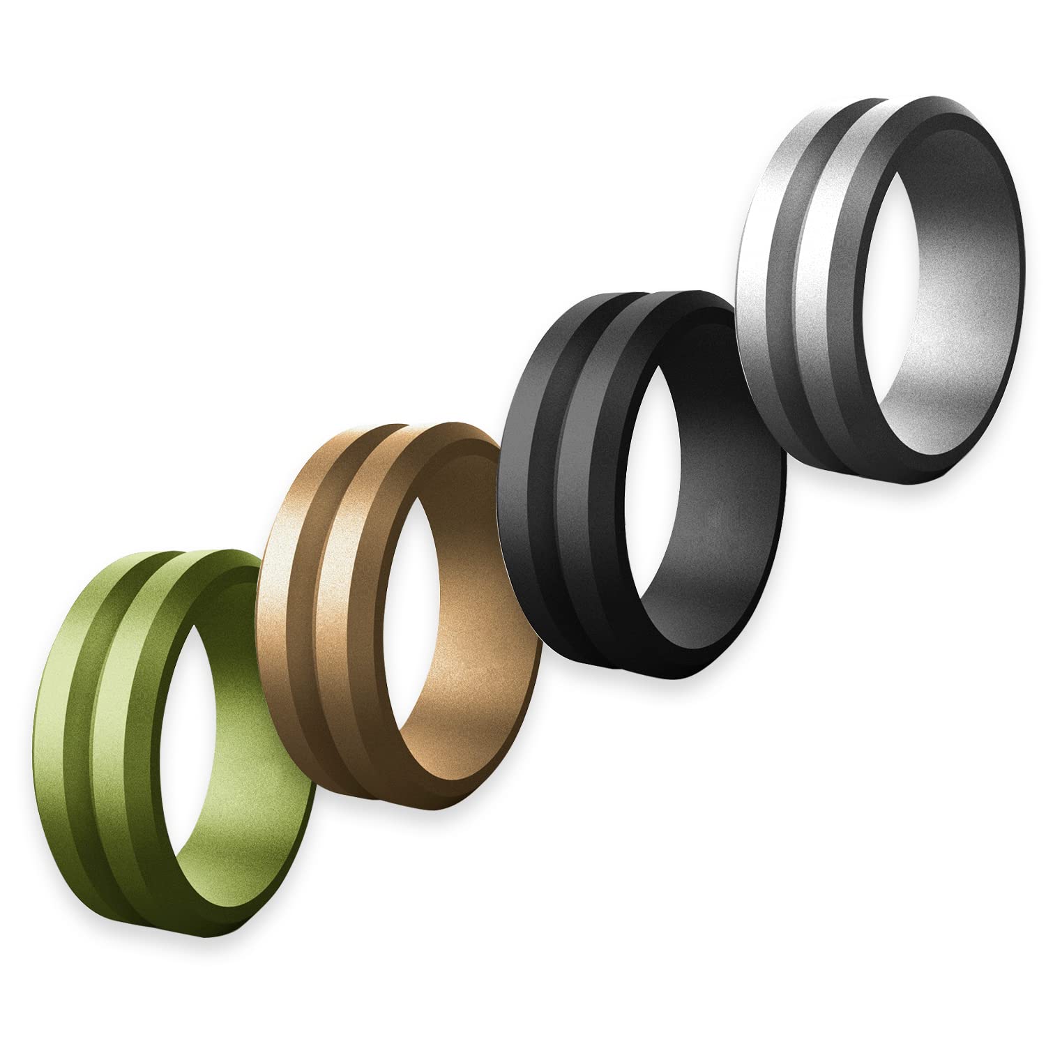 Men's Silicone Wedding Rings - 4 Pack Fashion Comfort Rings for Sports & Daily Wear - Black, Silver Grey, Brown, Green - Durable Metallic Style Bands for Gym, Swimming & Outdoor Activities