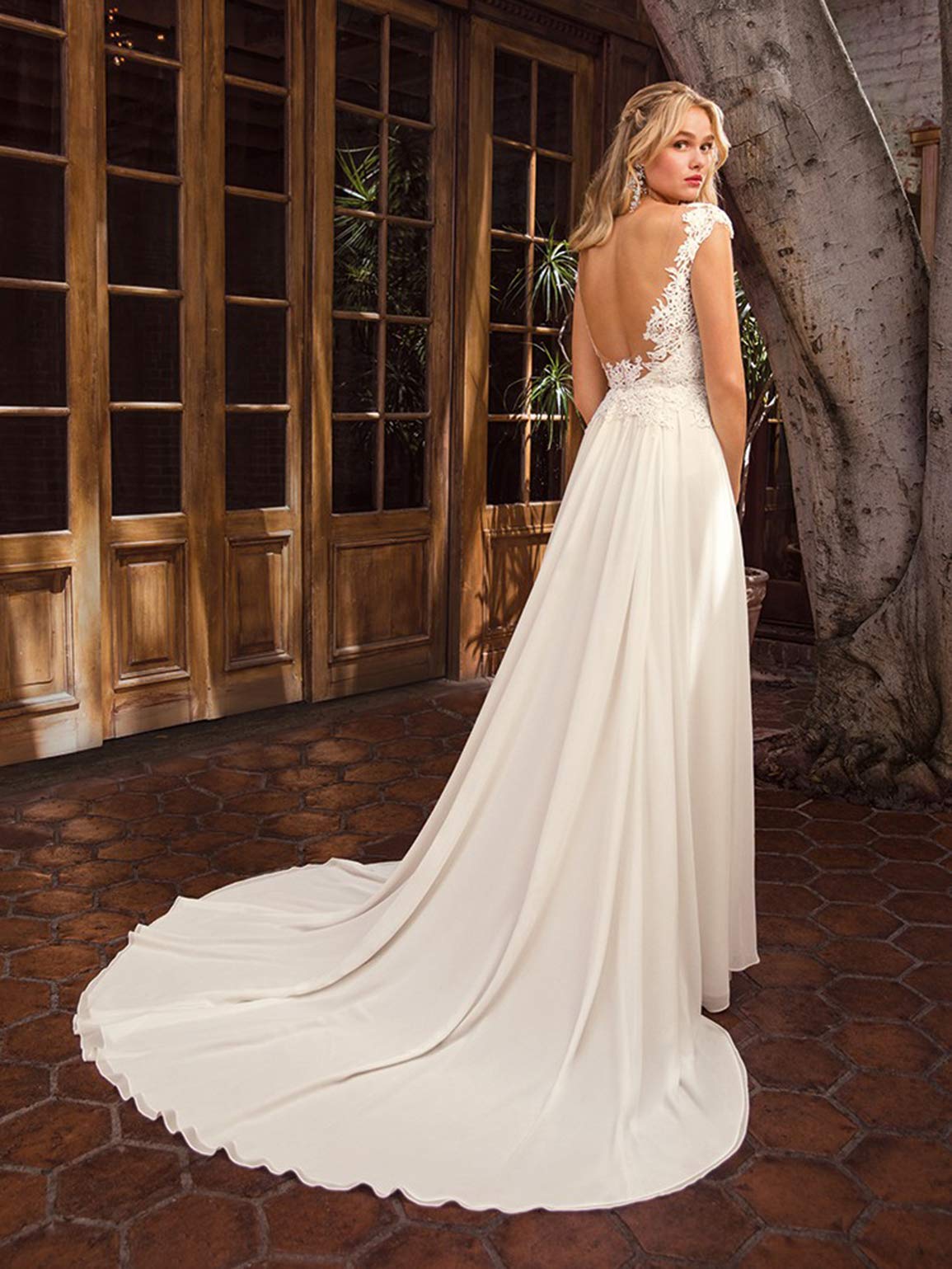 Elegant Ivory Lace Chiffon A-Line Wedding Dress for Women - Plus Size 22 Long Boho Beach Bridal Gown with Slit | Perfect for Beach Weddings, Boho Chic Ceremonies & Destination Elopements