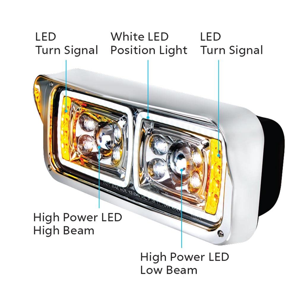United Pacific 35823 LED Projection Headlight Assembly - Left Side (LH) 4x6 Inch Chrome Housing with High/Low Beam, LED Turn Signal & White Position Light | Fender Liner Included | Perfect for Jeep Wrangler, Ford F-150 & Chevy Silverado Off-Road Upgrades