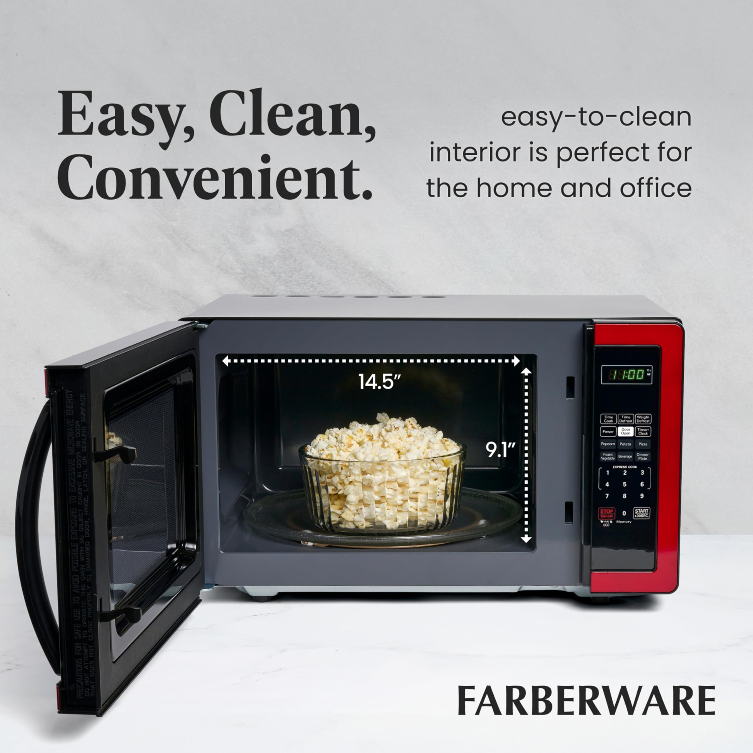 Farberware 1.1 cu ft 1000W Countertop Microwave Oven with LED Lighting & Child Safety Lock - Compact Space-Saving Design for Small Kitchens, Dorms, Apartments - Easy Clean Stainless Steel Red Finish - Perfect for Quick Meals, Reheating Food & Defrosting