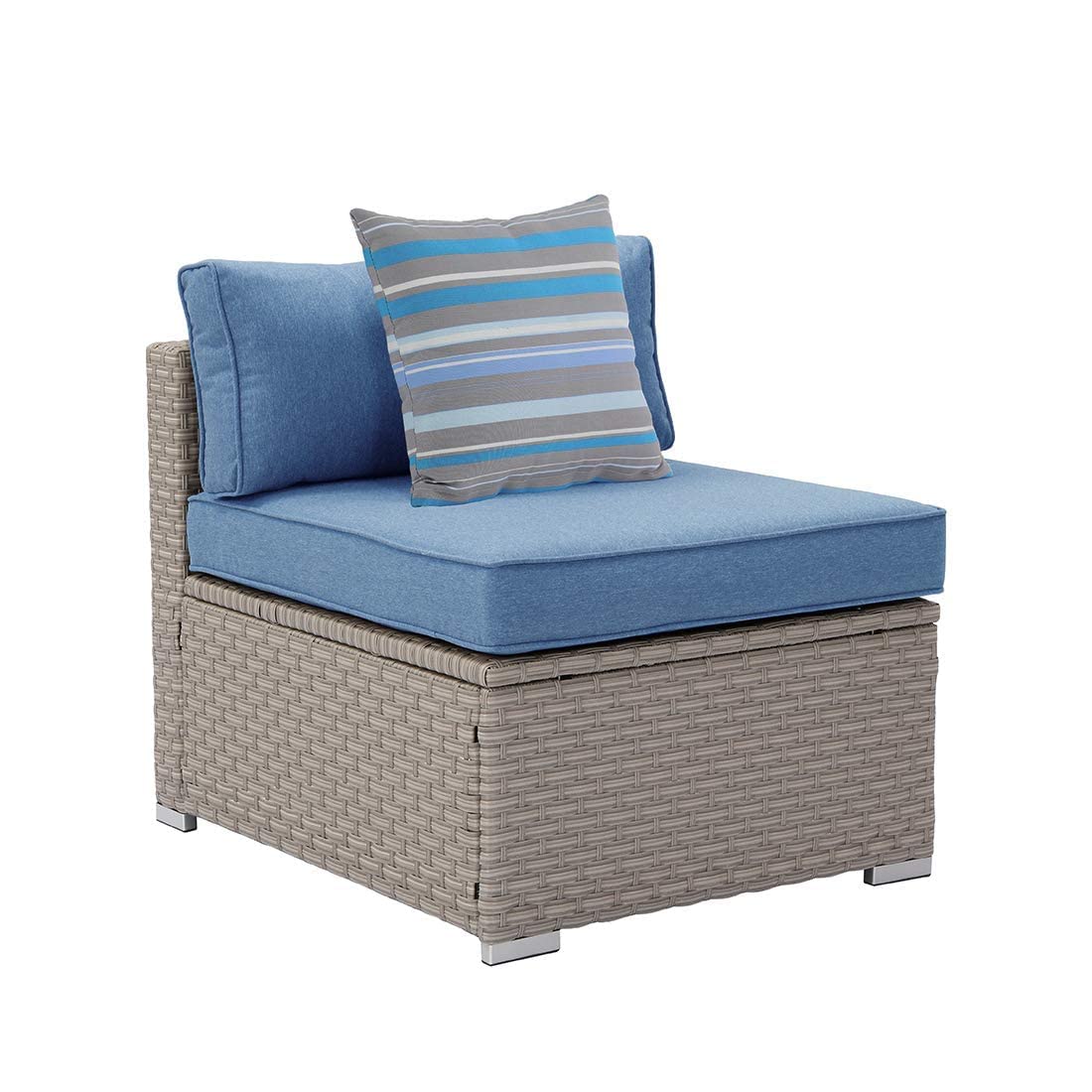 **Outdoor Armless Chair for Sectional Sofa Set - Denim Blue Thick Cushions & Woven Striped Pillow - Perfect for Garden, Pool, Backyard, Patio, and Deck Relaxation**