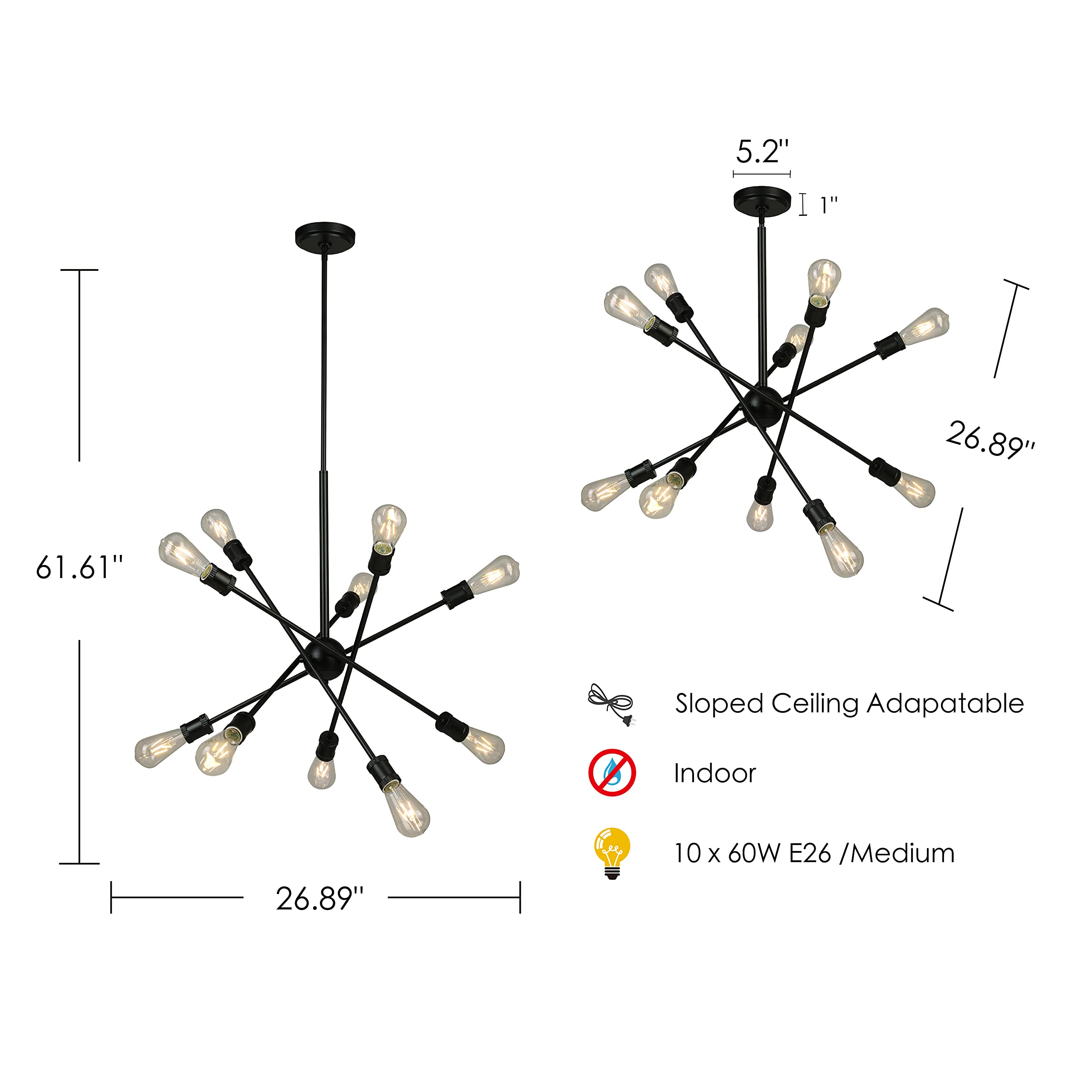 EGLO Etris Row 10-Light Sputnik Chandelier - 61 Inch Modern Matte Black Pendant Lighting Fixture for Dining Room & Living Room - 100W LED Compatible - Perfect for Contemporary Home Decor & Open Concept Spaces