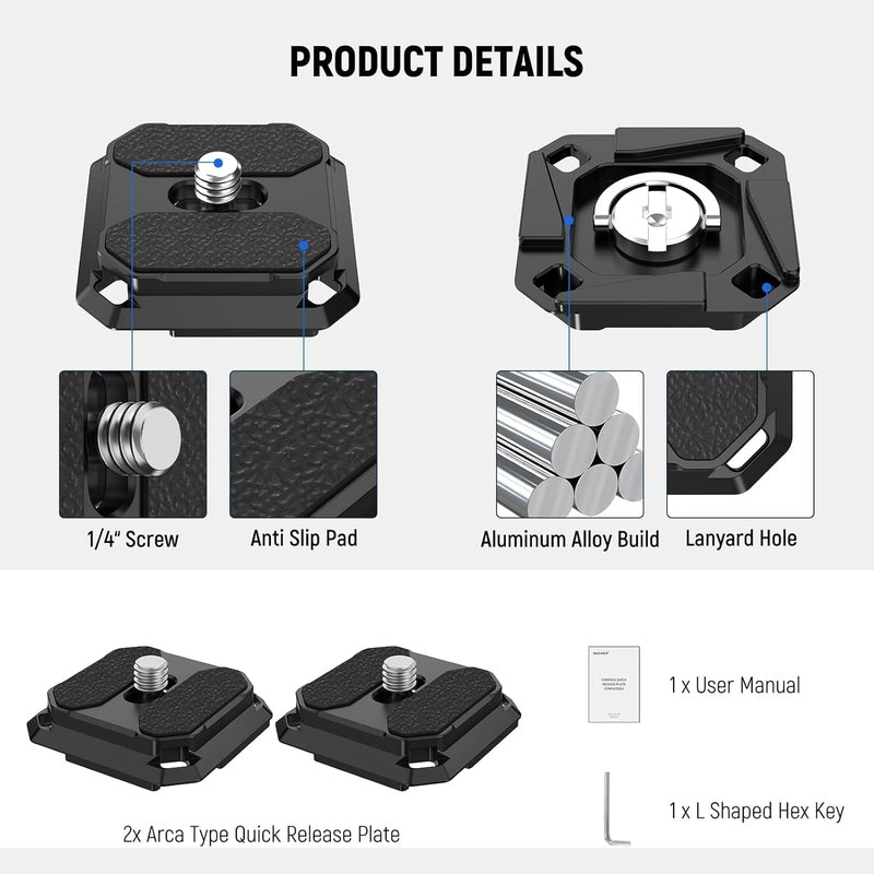 Neewer QPR 5 Quick Release Plate - Square Arca Type Compatible with DSLR Cameras & Tripods (2 Pack) - Perfect for Photography, Videography & Travel Shooting