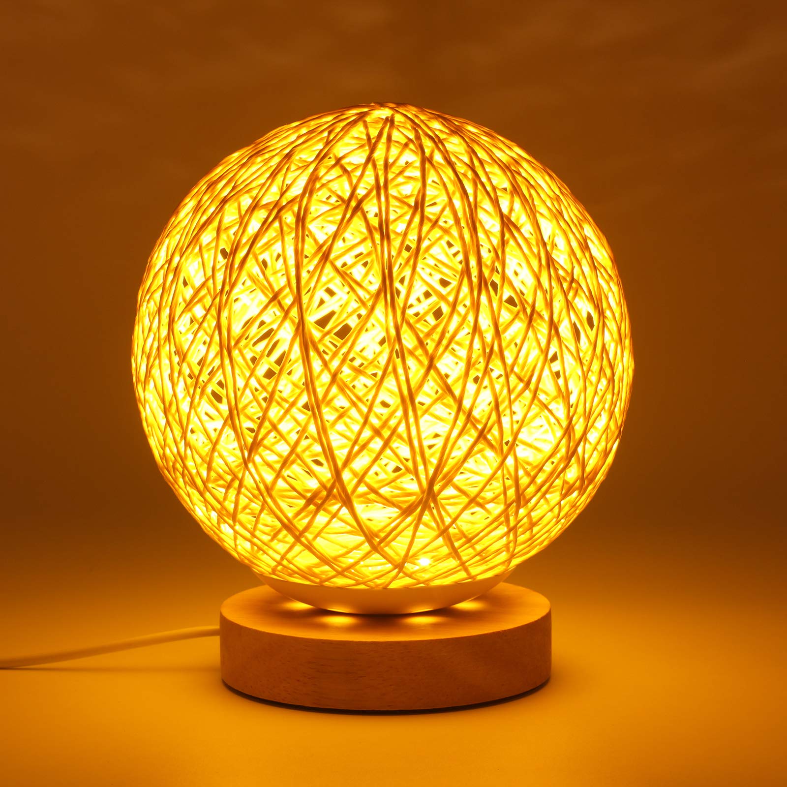Creative LED Desk Lamp with Hand-Knit Lampshade - Wooden Bedside Night Light for Bedroom, Office & Study | Warm White Dimmable Lighting for Reading, Relaxation & Decor