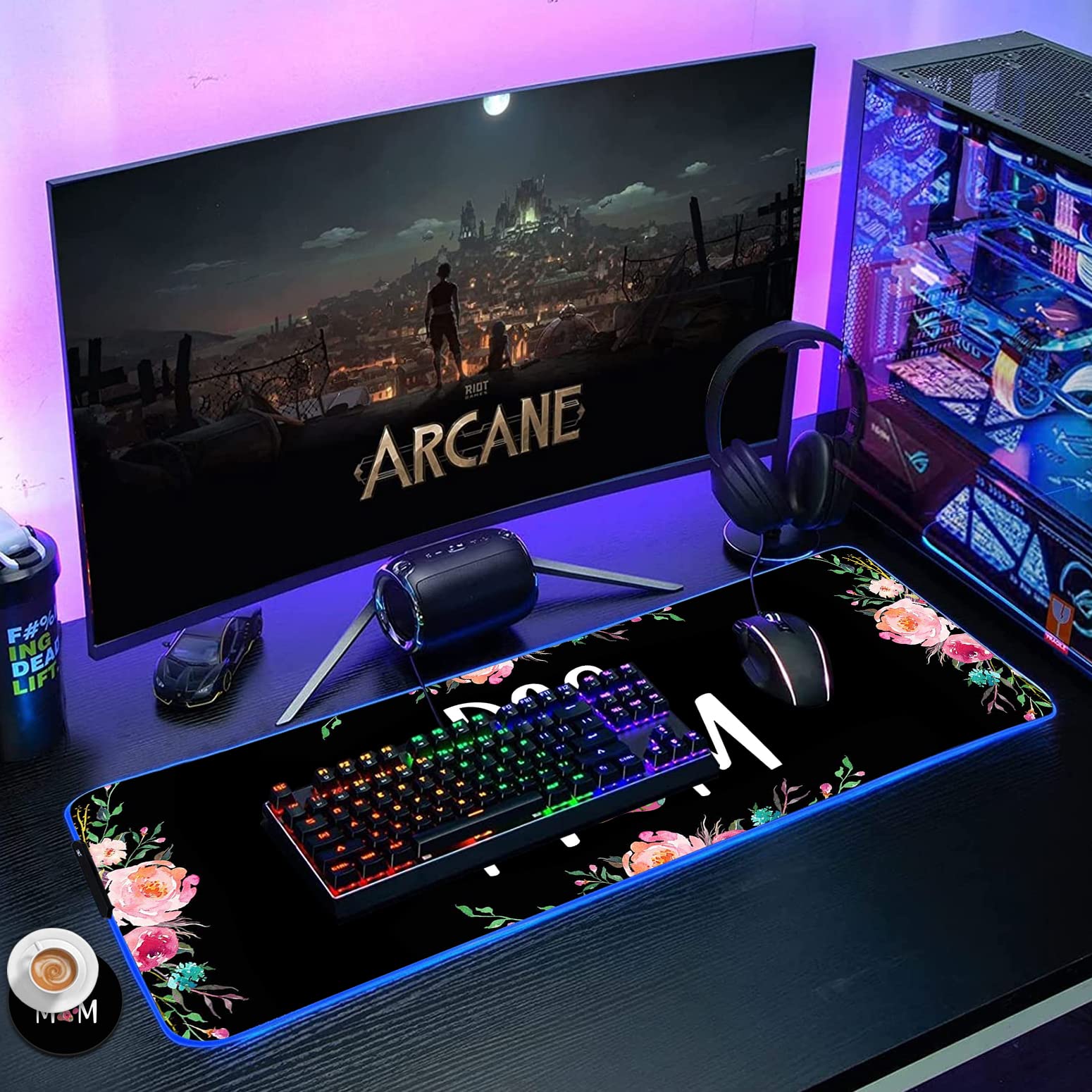 RGB Gaming Mouse Pad - Large LED Light-Up Desk Mat with Non-Slip Waterproof Surface | Floral Design for Gamers & Dog Lovers | Perfect for PC Gaming, Office Work & Home Decor