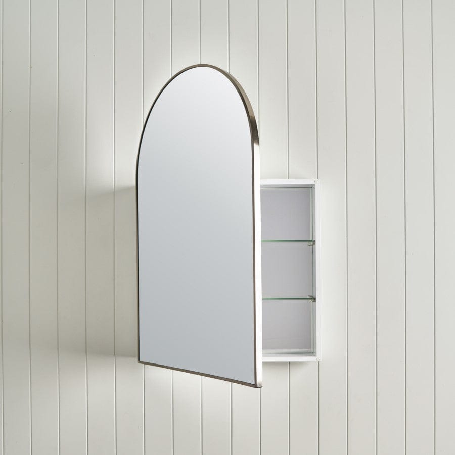 Modern Arch Mirror Cabinet with Warm Brushed Nickel Finish - Perfect for Bathroom Vanity & Bedroom Decor