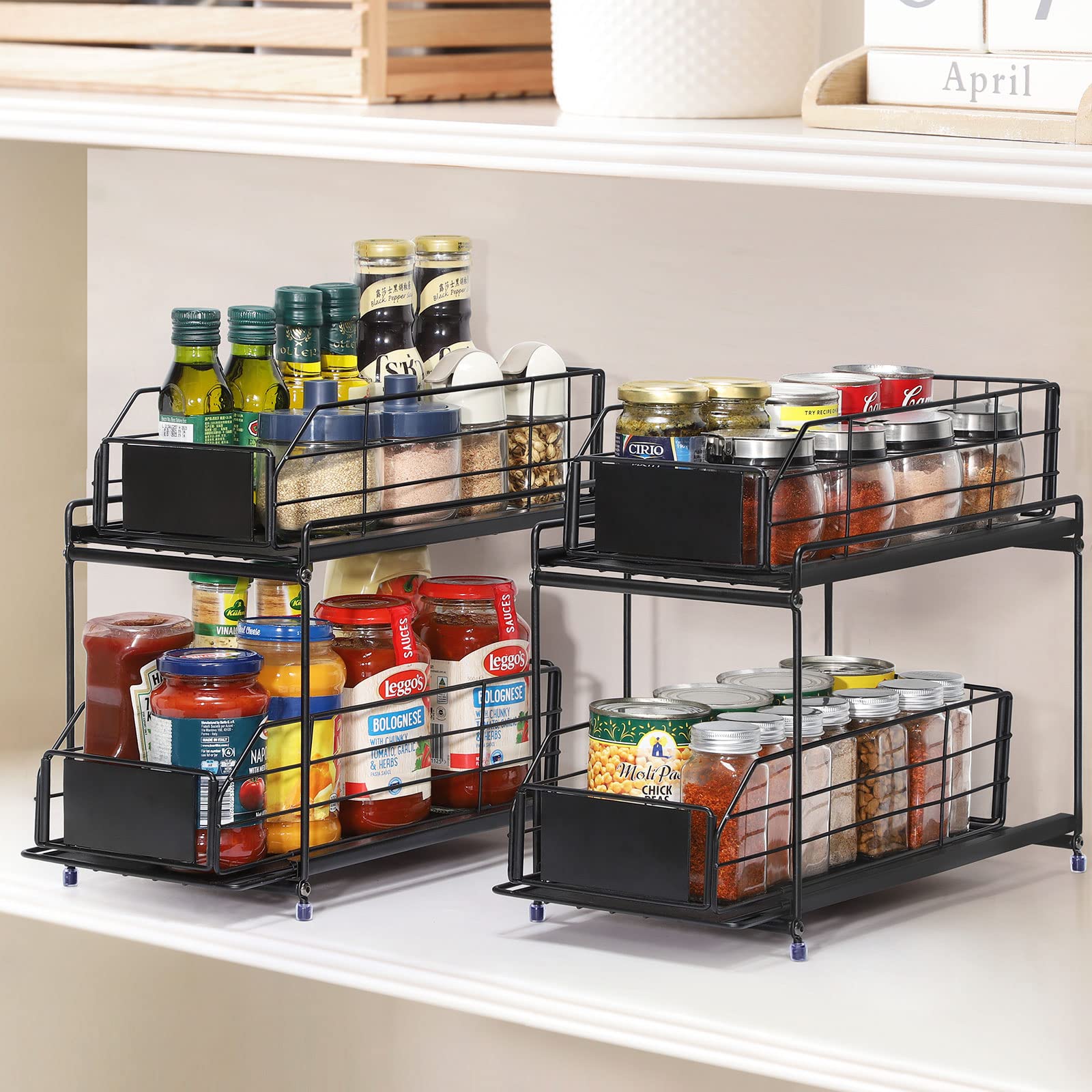 CADUKE 2-Tier Under Sink Organizer with Sliding Metal Drawers - Bathroom & Kitchen Cabinet Storage Basket - Space Saving Pull-Out Shelf for Cleaning Supplies, Cosmetics & Toiletries (2-Pack, Black)