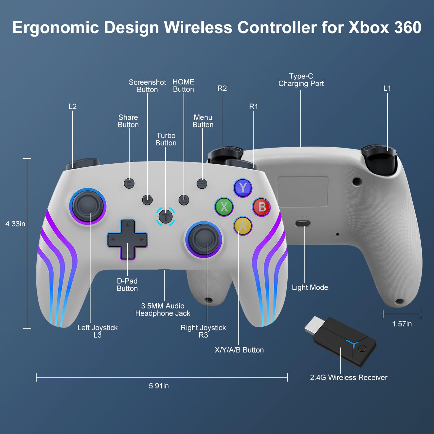Wireless Xbox 360 Controller with RGB LED Lights - 2.4GHz Gaming Controller Compatible with Xbox 360/Xbox 360 Slim | Built-in 800mAh Battery & 3.5mm Audio Jack | Grey - Perfect for Long Gaming Sessions & Multiplayer Battles