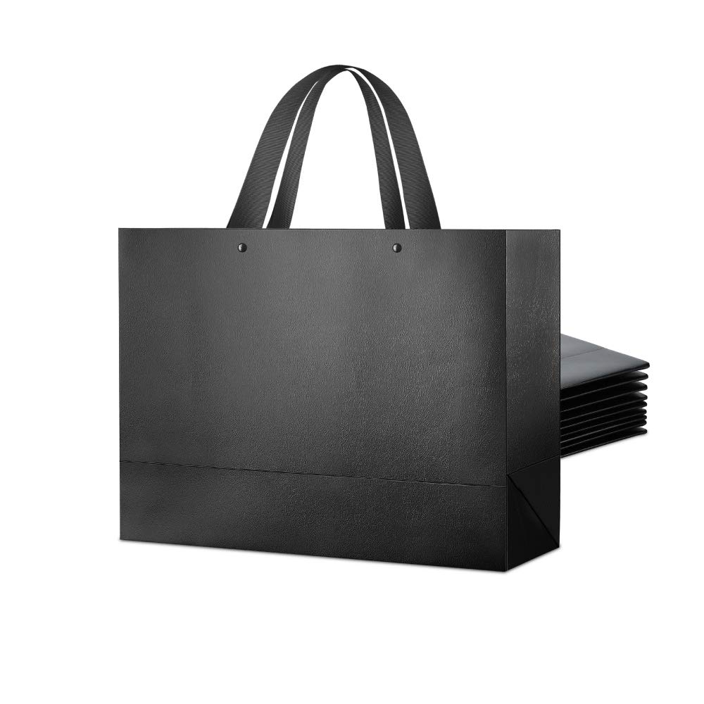 Premium 10-Pack Large Black Gift Bags with Handles - 14.5x5x10.5 Inches, Glossy Finish with Grass Texture - Perfect for Birthday, Wedding, Christmas & Party Gift Wrapping