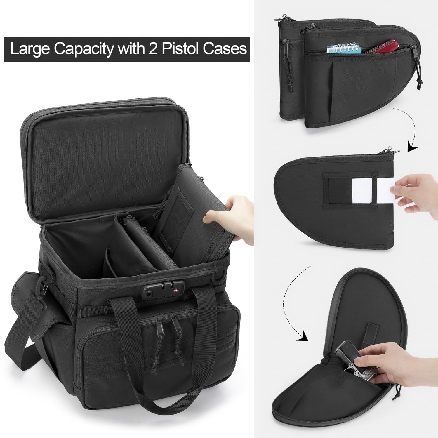 Tactical Gun Range Bag with 3 Pistol Capacity & TSA Lock - Duffle Bag with 2 Pistol Cases & 12 Magazine Slots - Multi-Pocket Shooting Gear Organizer for Hunting, Range Training & Airsoft - Durable Black Range Bag for Firearm Storage & Transport