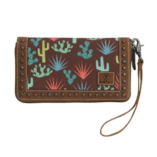 Ariat Women's Cactus Print Brown Leather Clutch Wallet - Fashionable Crossbody Purse for Everyday Use & Western Events