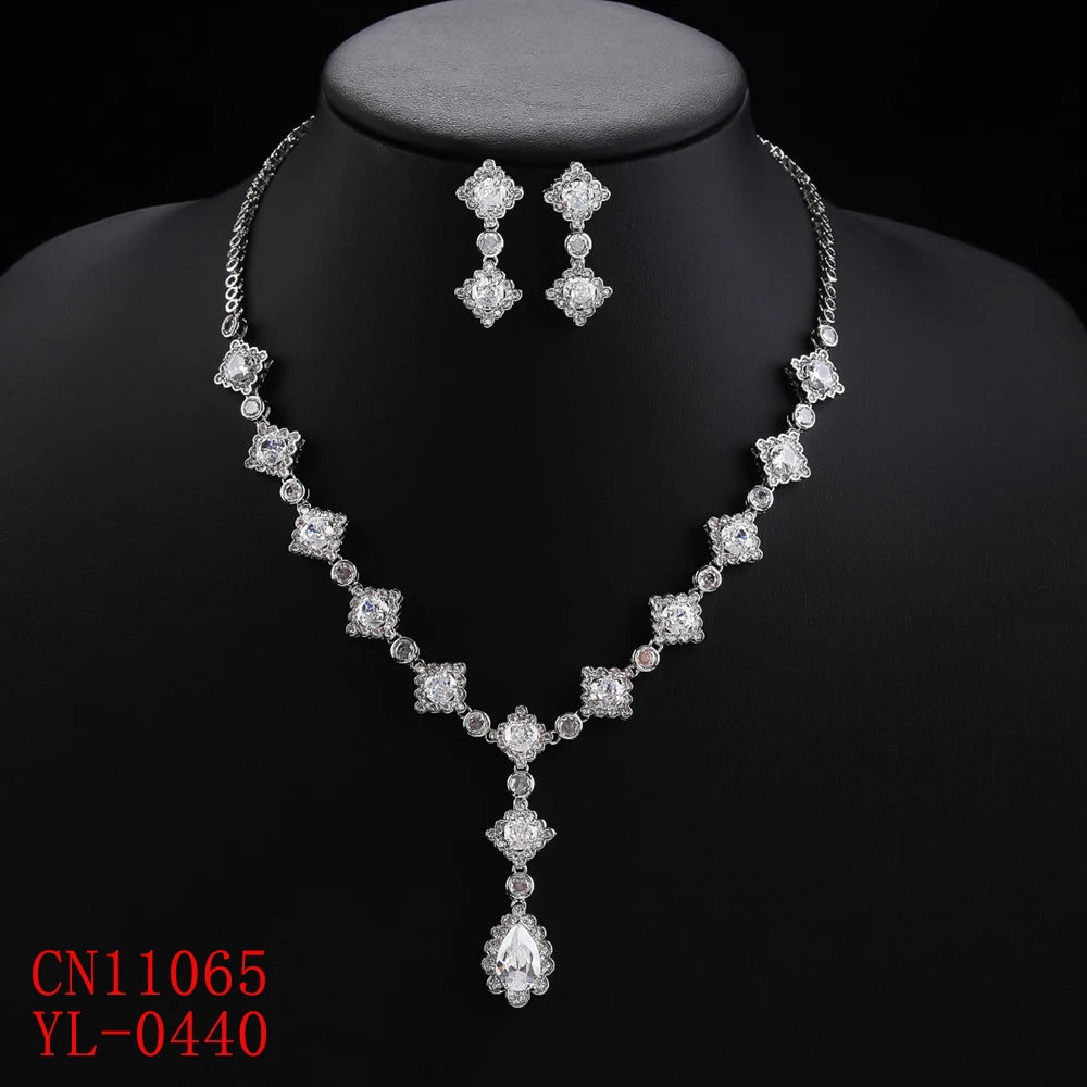 Luxury Women's Zirconia Necklace & Earrings Set - Silver Tone Pink & Green Bridal Jewelry for Wedding, Party & Special Occasions CN11065