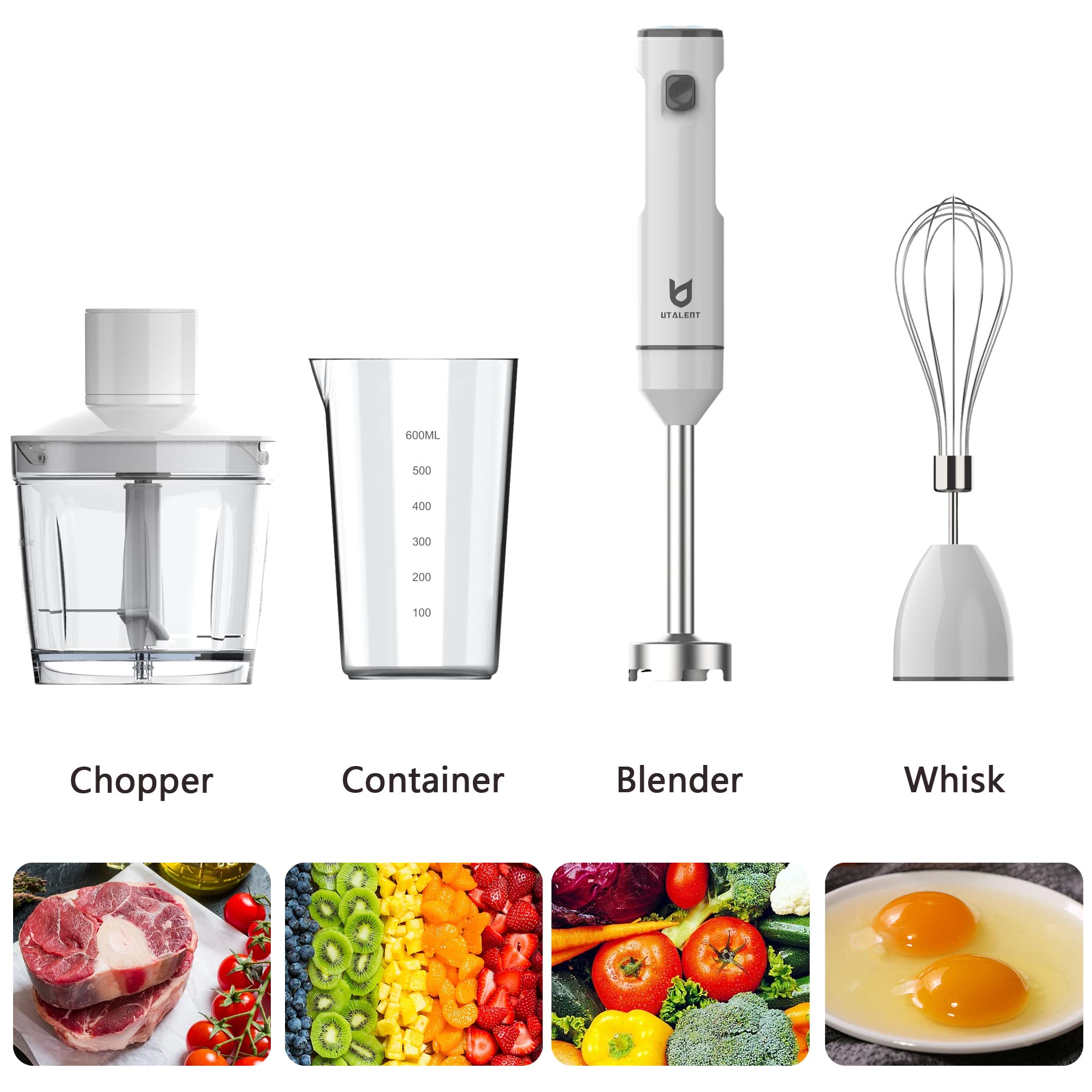 UTALENT Rechargeable Cordless Hand Blender with 500ml Chopper & 600ml Container - Variable Speed Immersion Blender with Egg Whisk for Smoothies, Baby Food, Soups - Perfect for Kitchen, Camping & Small Spaces (White)