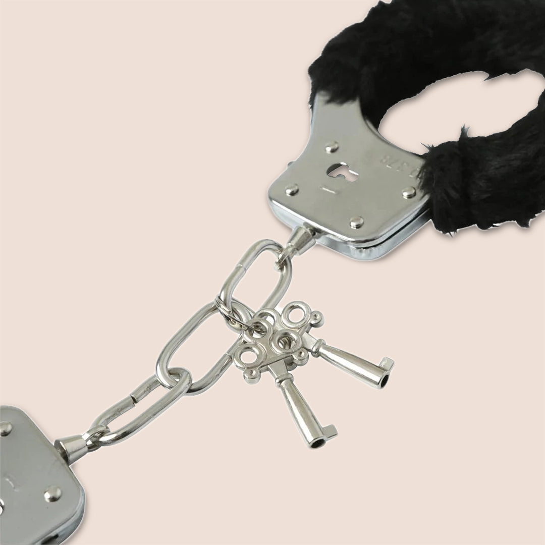 Sex & Mischief Black Furry Handcuffs - Nickel Free Metal Bondage Restraints for Couples Play, BDSM, Roleplay & Spicy Bedroom Fun
