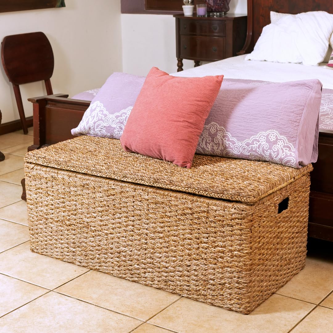 Extra Large Wicker Storage Bench with Lid - Rattan Ottoman Coffee Table, Seagrass Toy Box & Bedside Organizer | Handwoven for Living Room, Bedroom & Nursery Storage Solutions