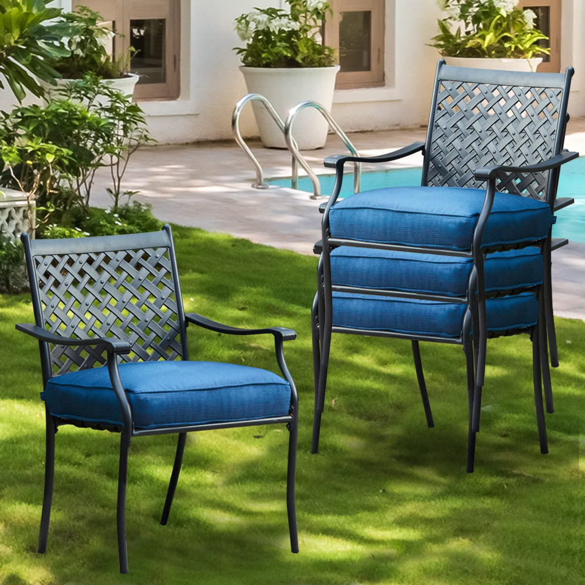 4-Piece Stackable Wrought Iron Patio Dining Chairs Set with Steel Frame & Oxford Cushion - Outdoor Metal Garden Furniture for Backyard, Poolside & Restaurant Use