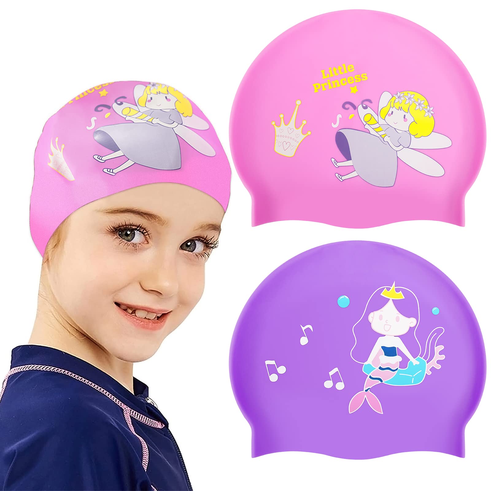 KFFPET 2 Pack Kids Swim Caps for Boys & Girls (Ages 4-12) - Durable Silicone Swimming Cap for Youth, Comfortable Fit for Long & Short Hair - Perfect for Swimming Lessons, Pool Parties & Beach Vacations