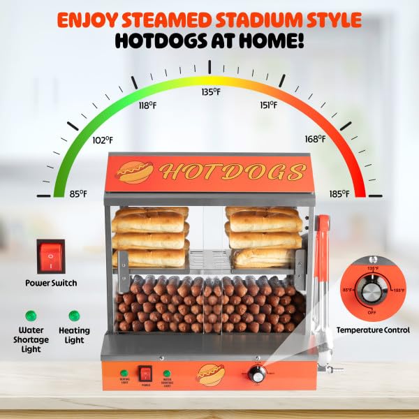 Commercial Hot Dog Steamer Machine - 34.5L Capacity, 1200W Power with Bun Warmer - Holds 175 Hot Dogs & 40 Buns - Great Northern Popcorn Hotdog Maker for Restaurants, Carnivals & Food Trucks