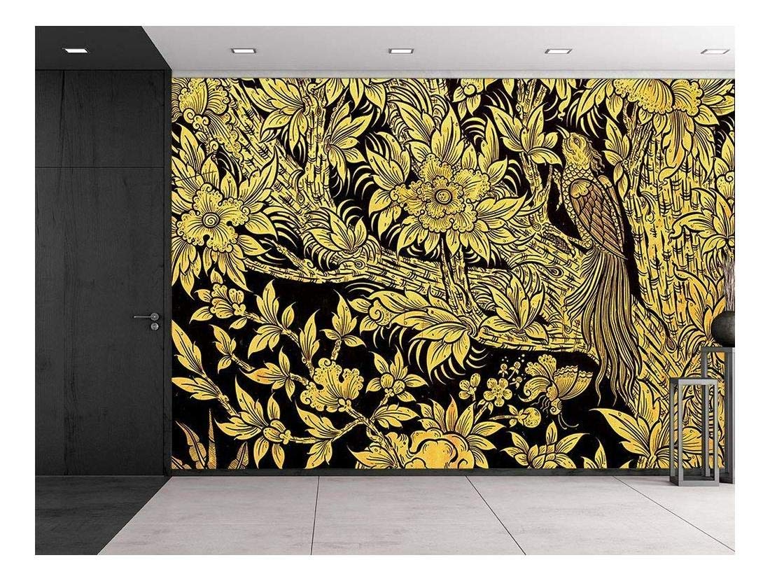 Wall26 - Black and Gold Thai Temple Fresco Wall Mural - Peacock in Tree with Blooming Flowers Design - Removable Sticker for Home Decor - 100x144 inches - Perfect for Living Room, Bedroom, or Office Wall Art