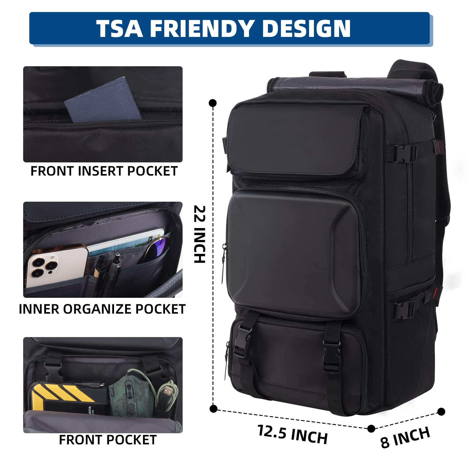 Large Carry-On Travel Backpack for Men - Waterproof Tactical Laptop Backpack with Hard Shell | Airplane Approved Business & Hiking Backpack for Travel, Camping, Daily Commute & Outdoor Adventures (Black)