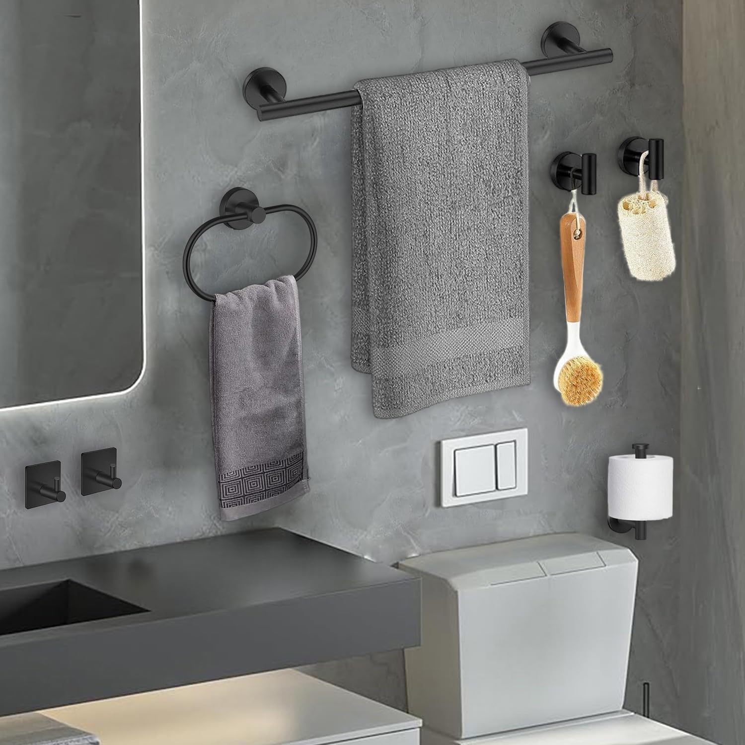 7-Piece Black Bathroom Accessories Set - SUS304 Stainless Steel Wall Mounted Towel Rack, Towel Holder & Bar for Modern Bathrooms - Perfect for Spa, Hotel & Home Decor