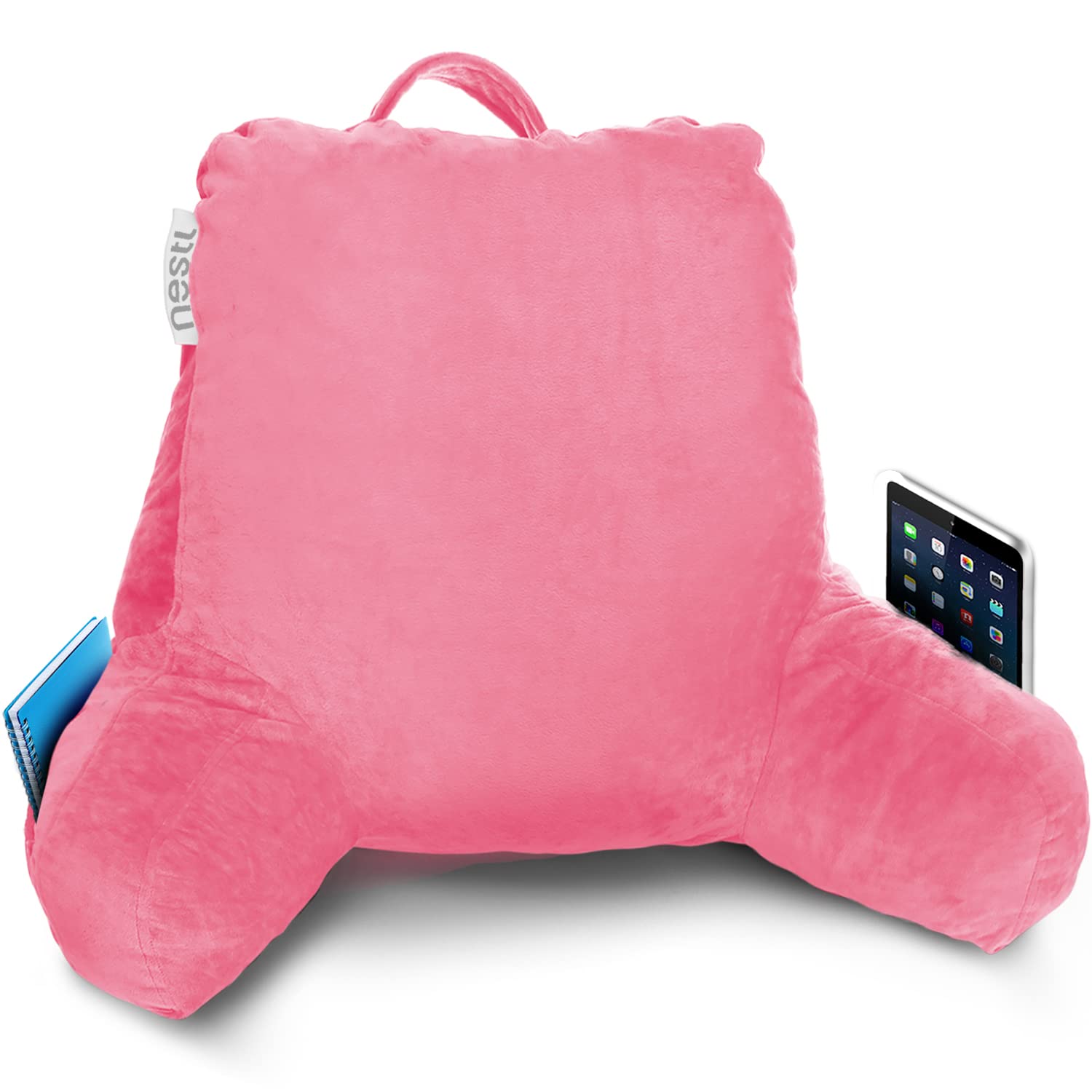 Nestl Reading Pillow with Shredded Memory Foam - Standard Bed & Back Support Pillow for Sitting, Reading & Relaxing in Bed - Light Pink Chair Pillow with Pockets - Perfect for Reading, Watching TV, or Lounging Comfortably