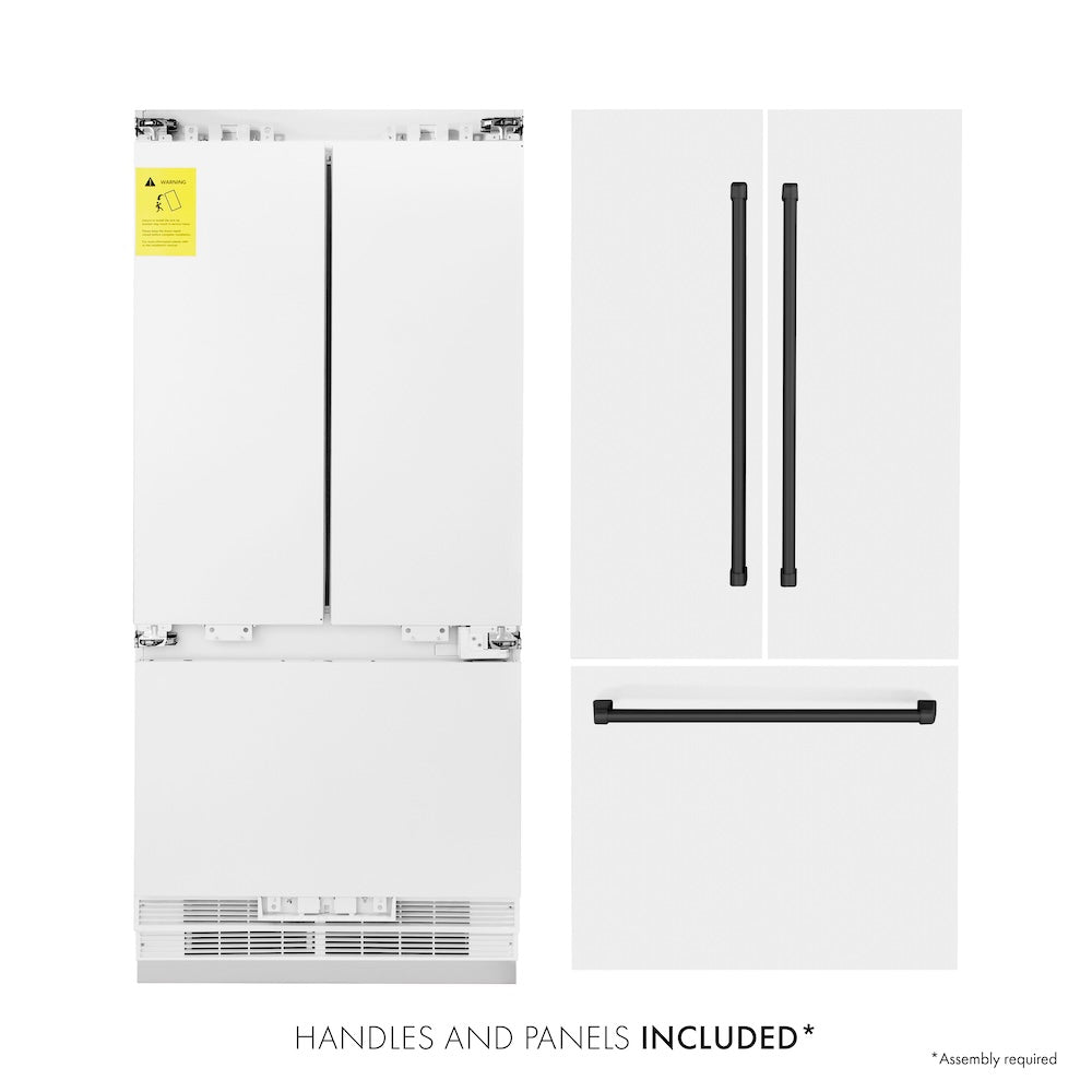 ZLINE Autograph Edition 36 Inch 19.6 cu ft French Door Built-In Bottom Freezer Refrigerator with Water Dispenser & Ice Maker - White Matte with Matte Black Accents (RBIVZ WM 36 MB) | Premium Kitchen Appliance for Modern Homes & Restaurants