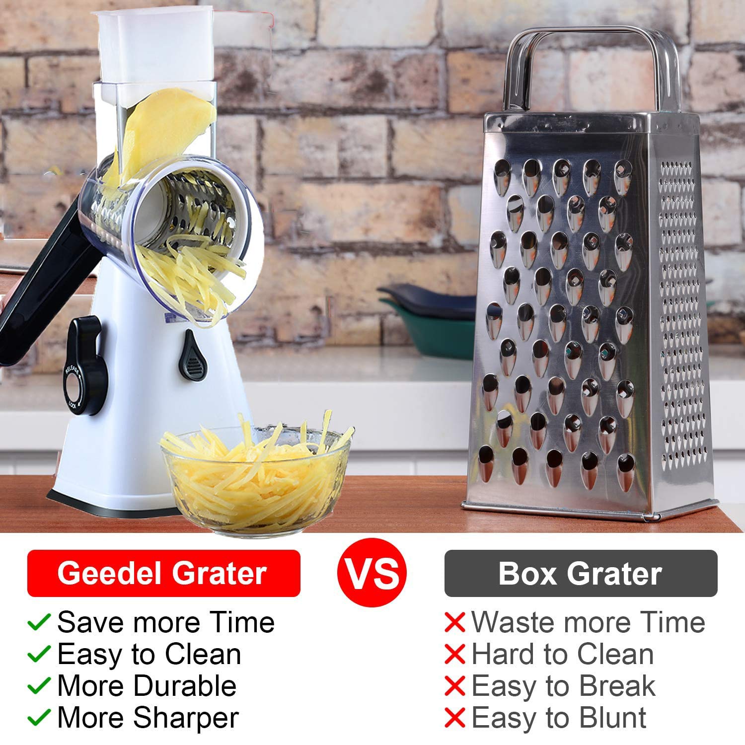 3-in-1 Rotary Cheese Grater & Vegetable Slicer Set with Interchangeable Blades - Stainless Steel Mandoline Slicer for Cheese, Nuts, Vegetables - Includes Free Peeler (White) - Perfect for Kitchen, Salad Prep & Party Platters
