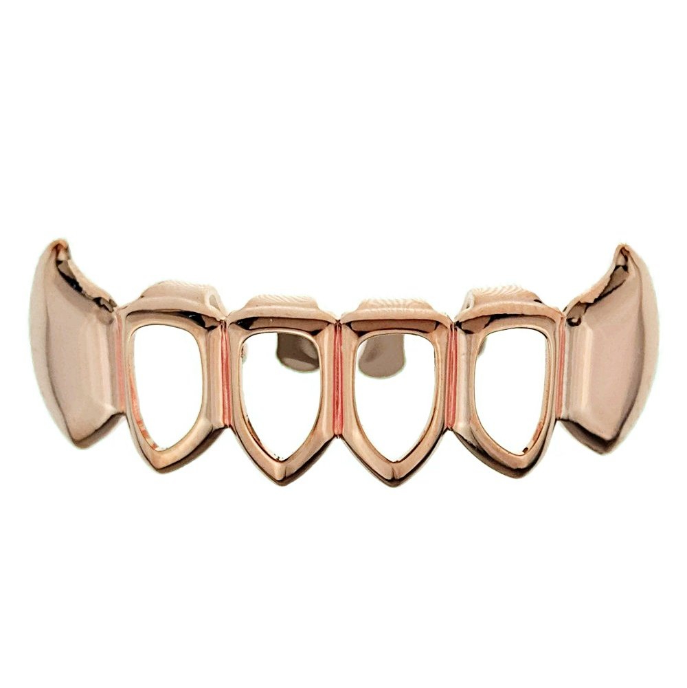 14K Rose Gold Plated Vampire Fang Grillz - Open Face Teeth Jewelry for Lower Bottom - Perfect for Halloween Costumes, Hip Hop Fashion & Gothic Style