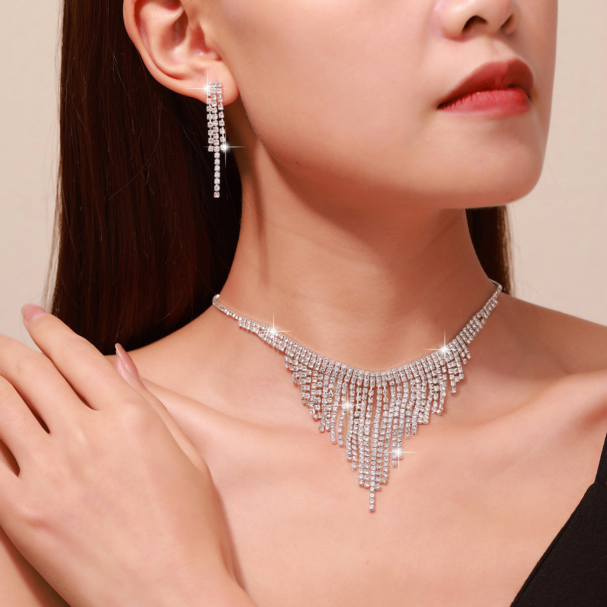 Sparkly Zircon Tassel Waterfall Necklace for Women - Elegant Dinner Party Jewelry | HN1207 | Perfect for Evening Gala, Wedding, Prom & Special Occasions