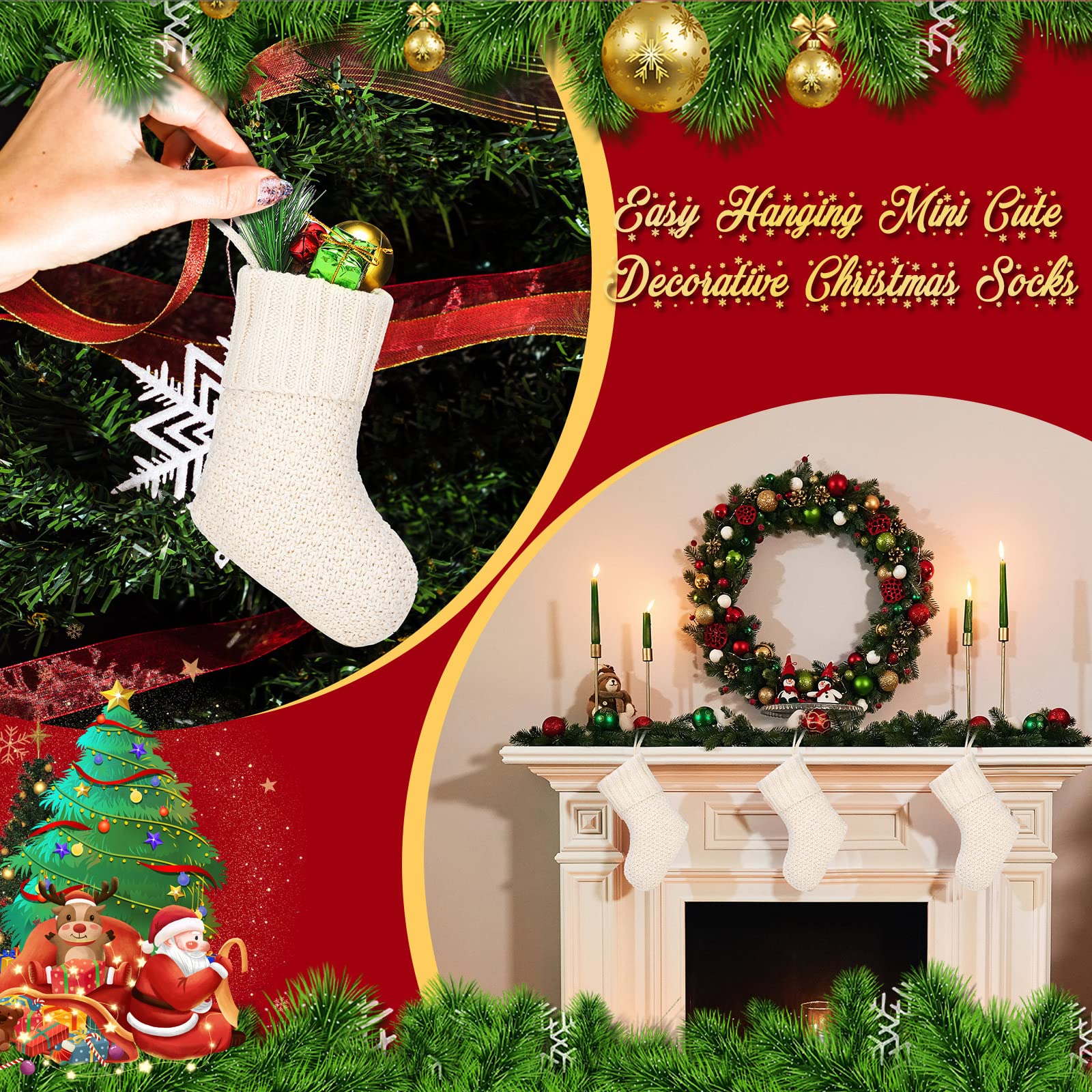 Zubebe 24-Piece 7-Inch Knit Christmas Stockings Set - Rustic Farmhouse Cable Knit Mini Stocking Decorations for Xmas Tree Hanging, Holiday Mantel Decor, Gift Exchange & Party Favors (Ivory)