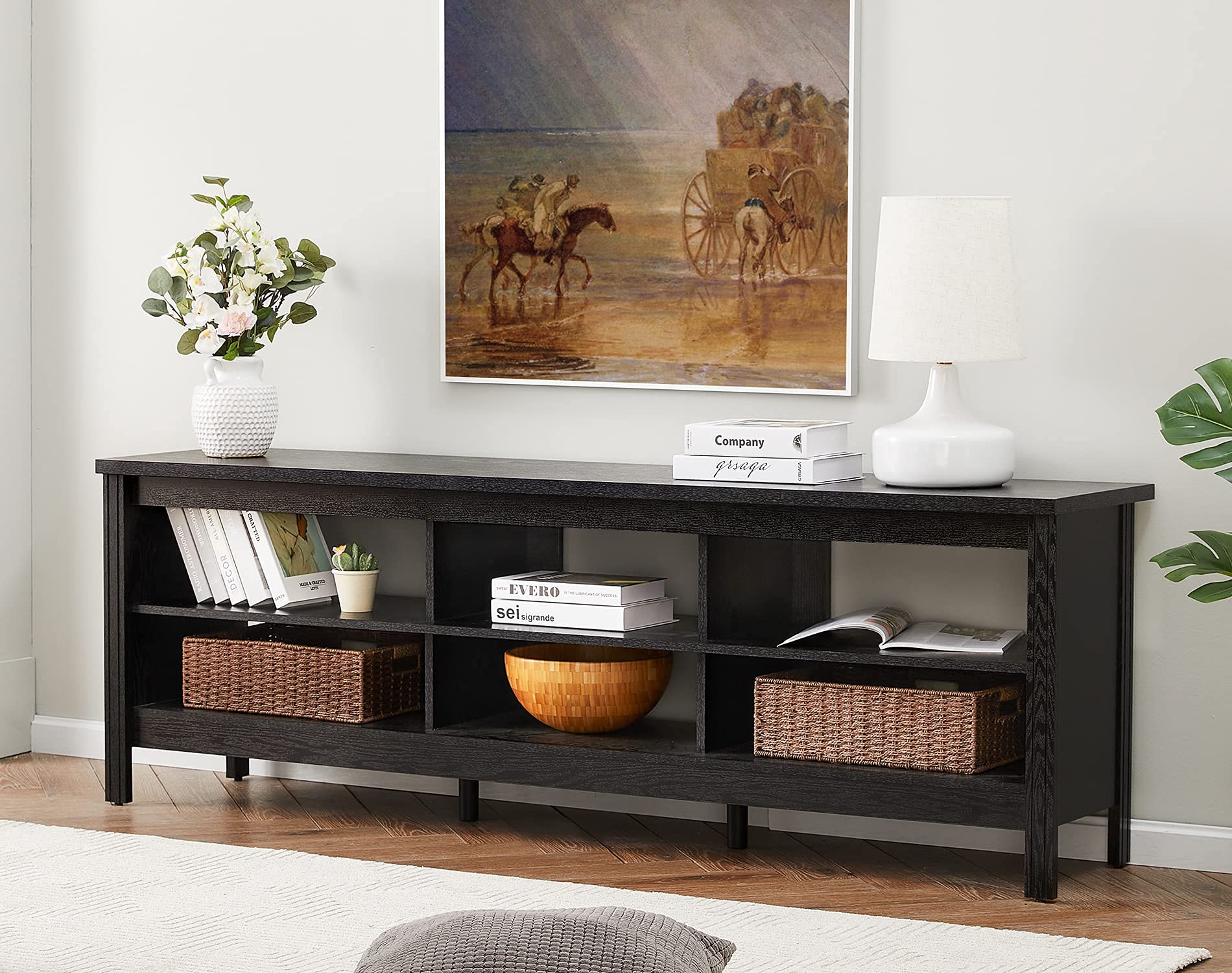WAMPAT 70 Inch TV Stand for 75 Inch TVs - Modern Entertainment Center with 6 Storage Shelves, Classic TV Console Cabinet for Living Room & Bedroom - Black | Perfect for Home Theater Setup & Media Organization