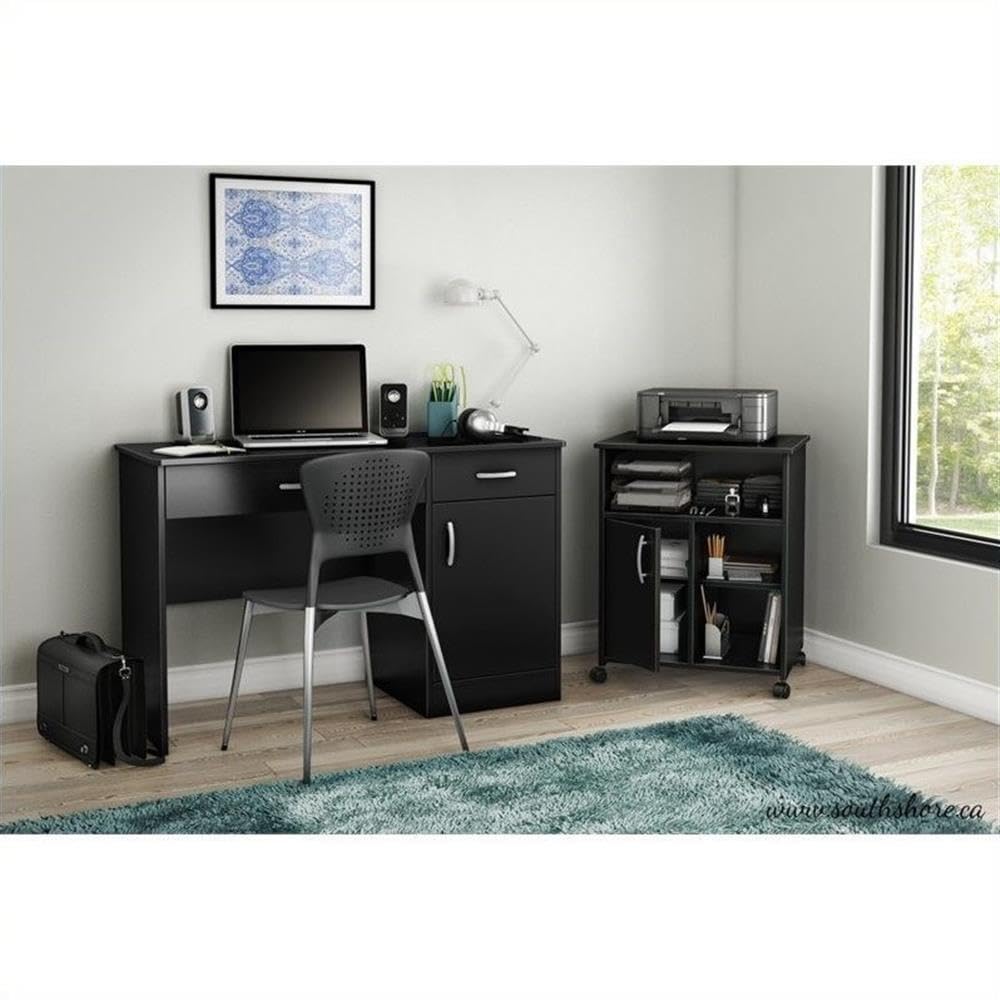 UrbanPro Mobile Printer Stand with Drawer & Doors - Home Office Organizer & Kitchen Microwave Cart with Storage Cabinets - Black - Perfect for Small Spaces & Clutter-Free Workspaces