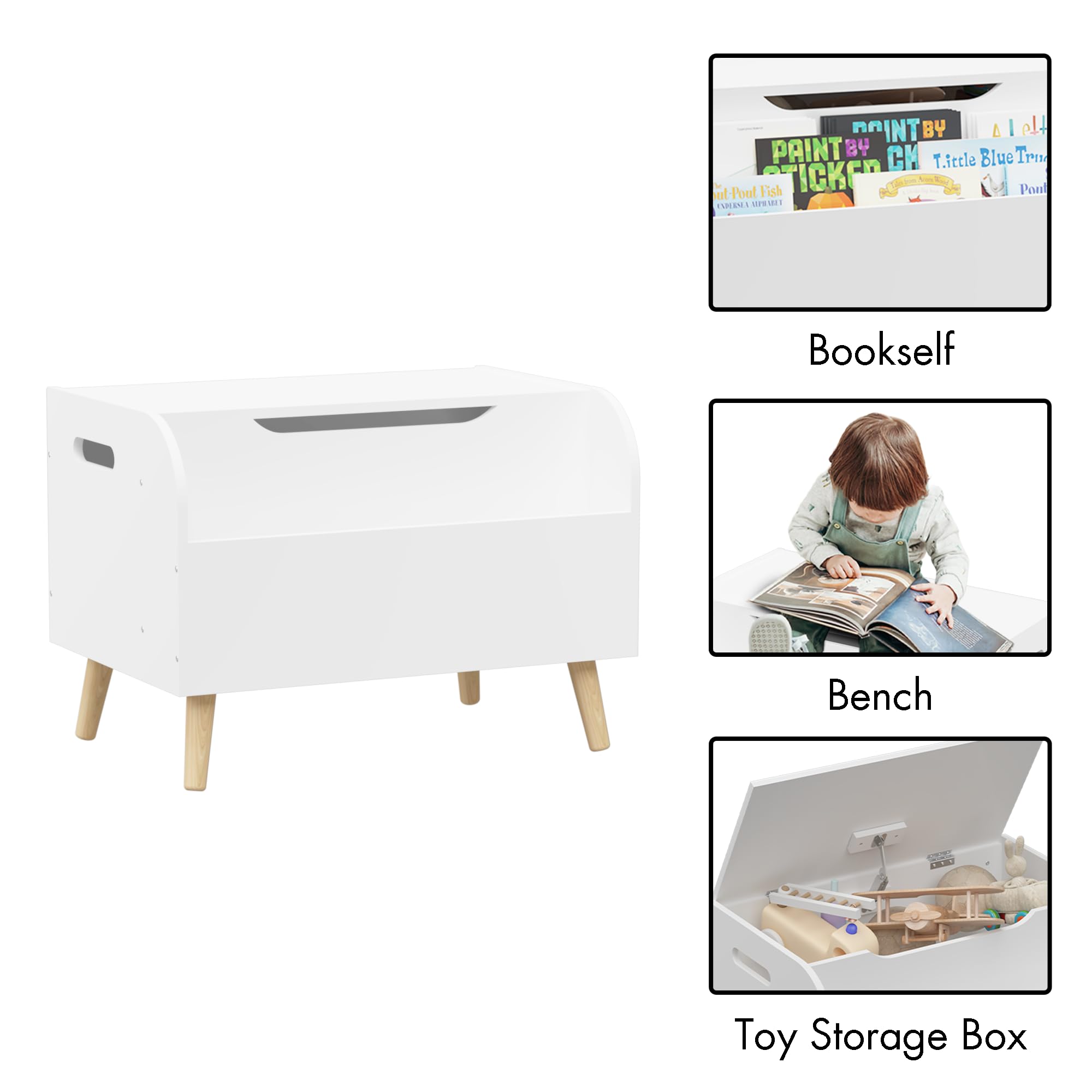 Wooden Toy Chest for Kids - Toy Storage Organizer with Front Bookshelf, Flip-Top Lid & Safety Hinges - Playroom & Kids Room Organization for Boys & Girls - White Toy Box with 4 Legs - Perfect for Bedroom, Nursery, or Play Area Storage