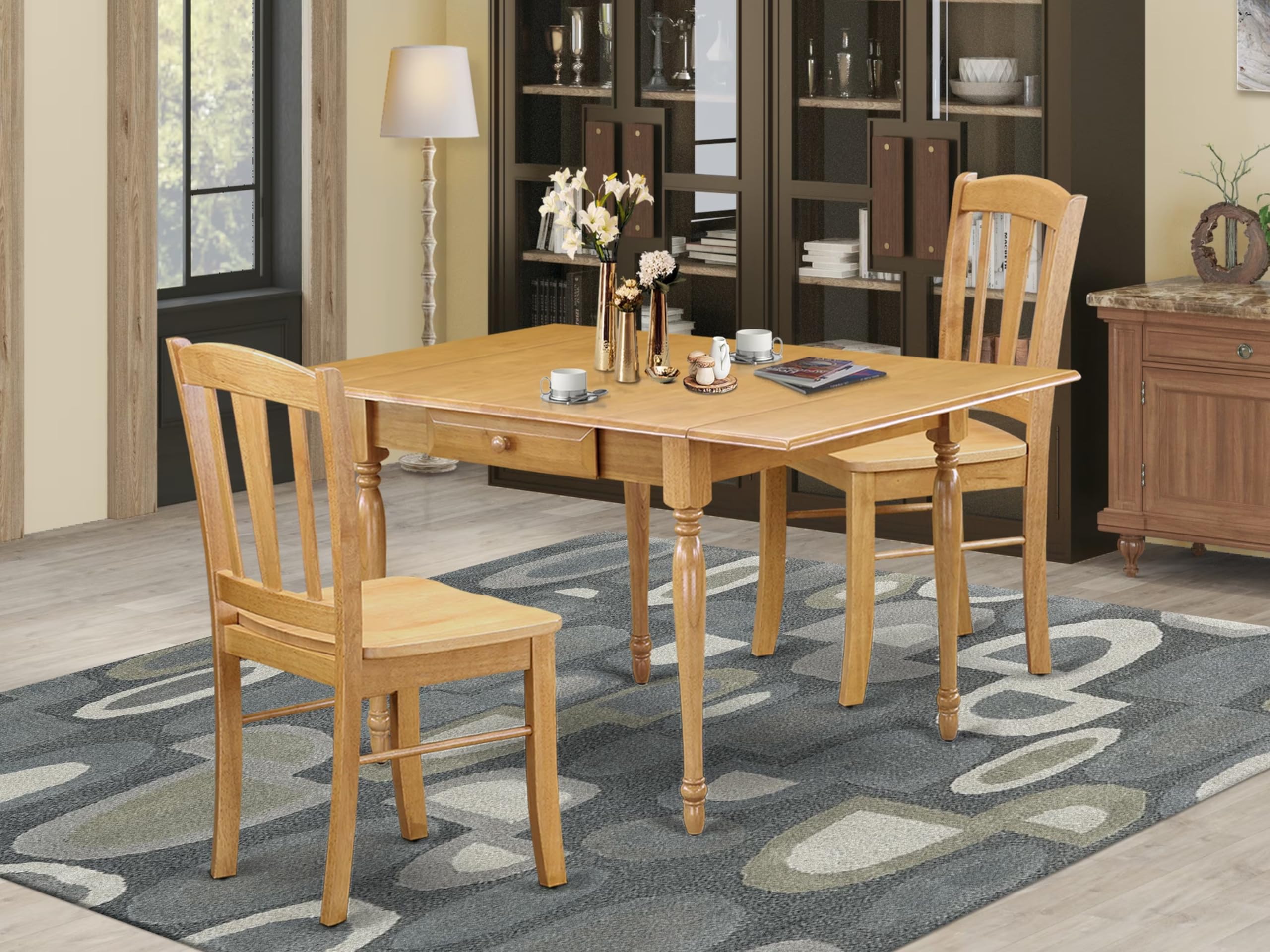 East West Furniture MZDL3-OAK-W 3 Piece Oak Kitchen Table Set with Drop Leaf - 36x54 Inch Rectangle Dining Table & 2 Chairs - Space Saving Solution for Small Apartments, Breakfast Nooks & Cozy Dining Areas